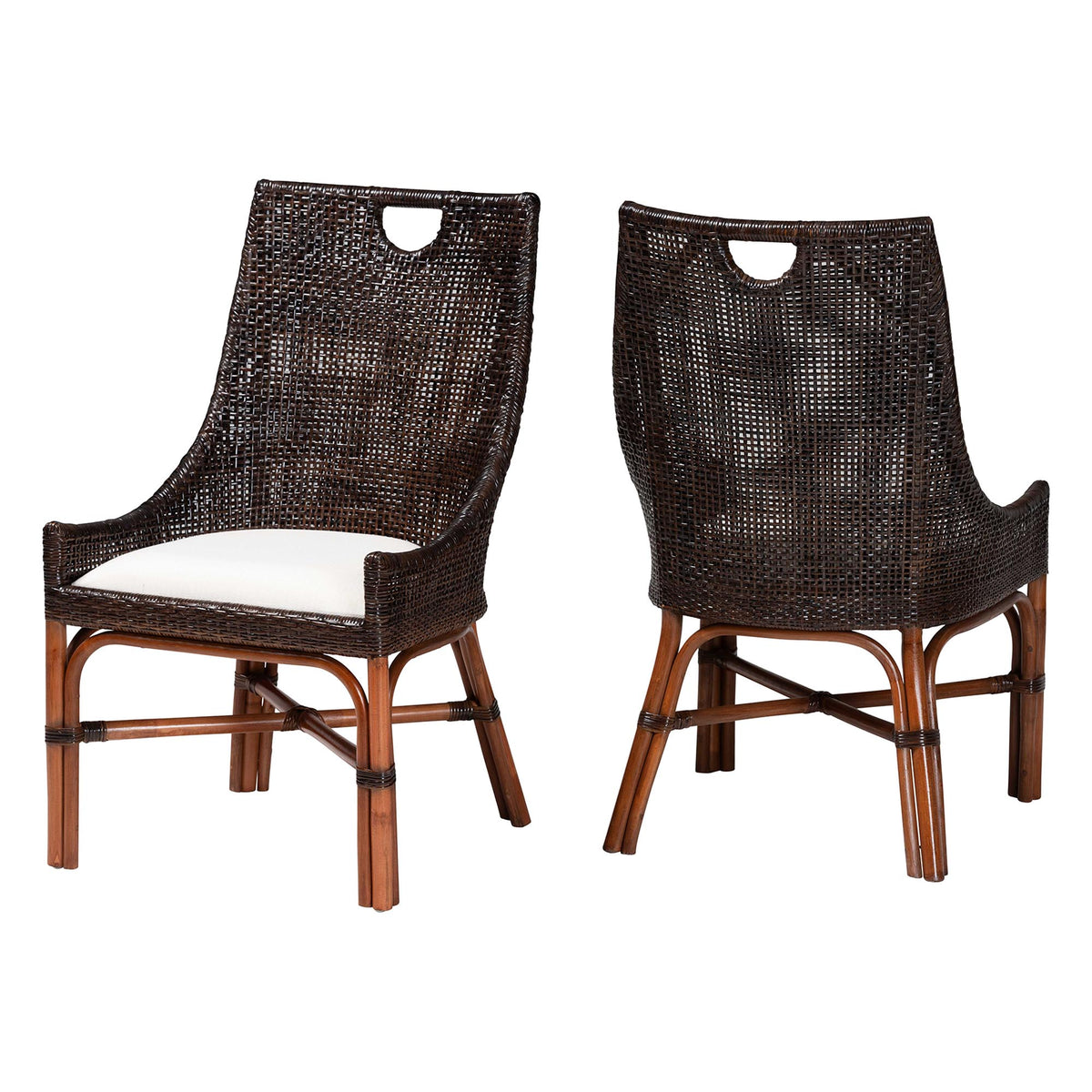 Petra Natural Rattan 2-Piece Dining Chair Set - Handwoven Wicker Accent Chair with Wingback Profile and Cutout Handle, Espresso
