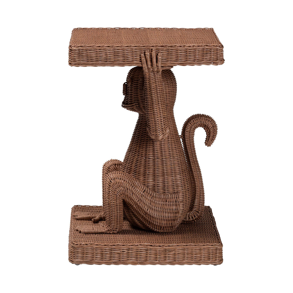 Miyoco Monkey End Table - Handwoven Rattan Sculptural Accent Side Table with Platform Base