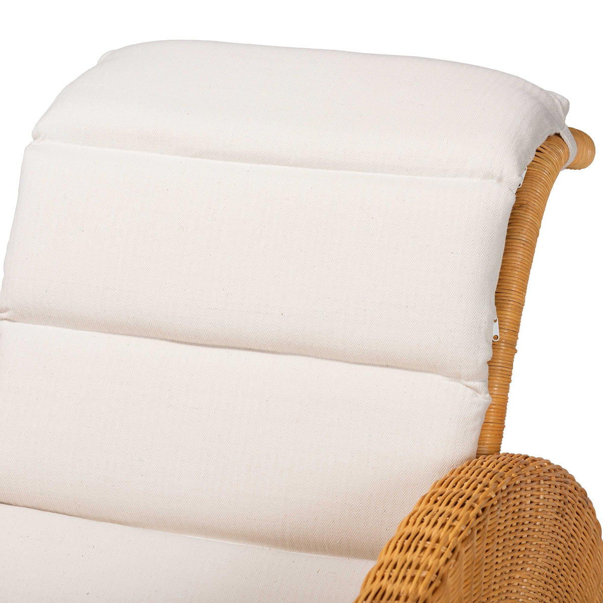 Aries Natural Rattan Chaise Lounge Chair with Cushion - Handwoven Wicker Accent Lounger Rolled Backrest and Arms for Living Room or Sunroom