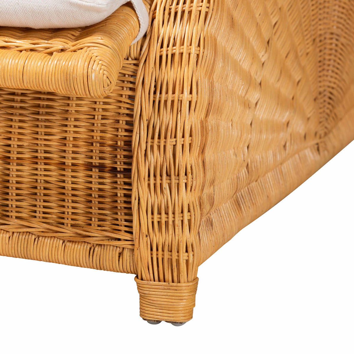 Aries Natural Rattan Chaise Lounge Chair with Cushion - Handwoven Wicker Accent Lounger Rolled Backrest and Arms for Living Room or Sunroom