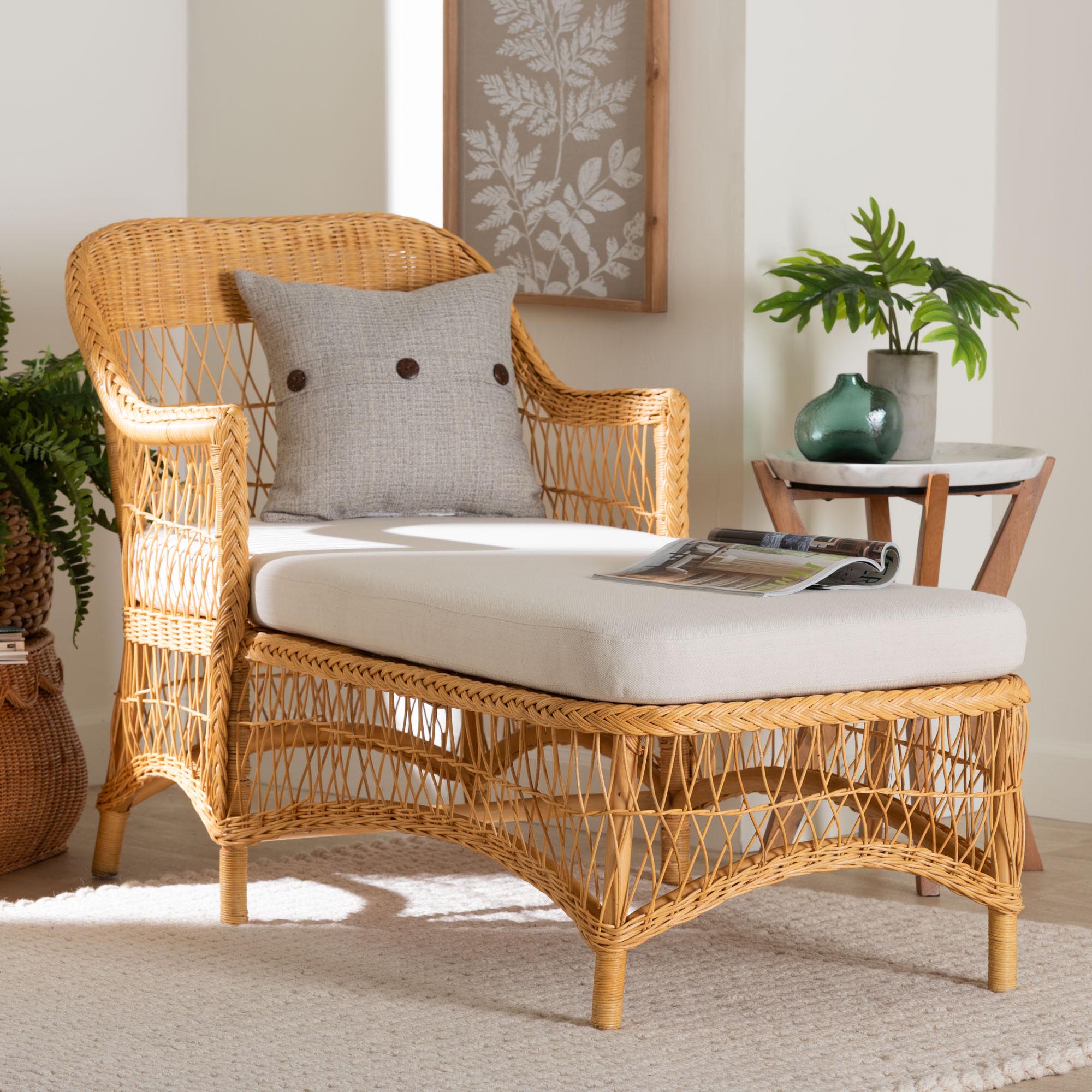 Bruno Natural Rattan Chaise Lounge Chair with Cushion - Handwoven Wicker Accent Lounger with Rounded Backrest and Arms for Living Room, Bedroom or Sunroom