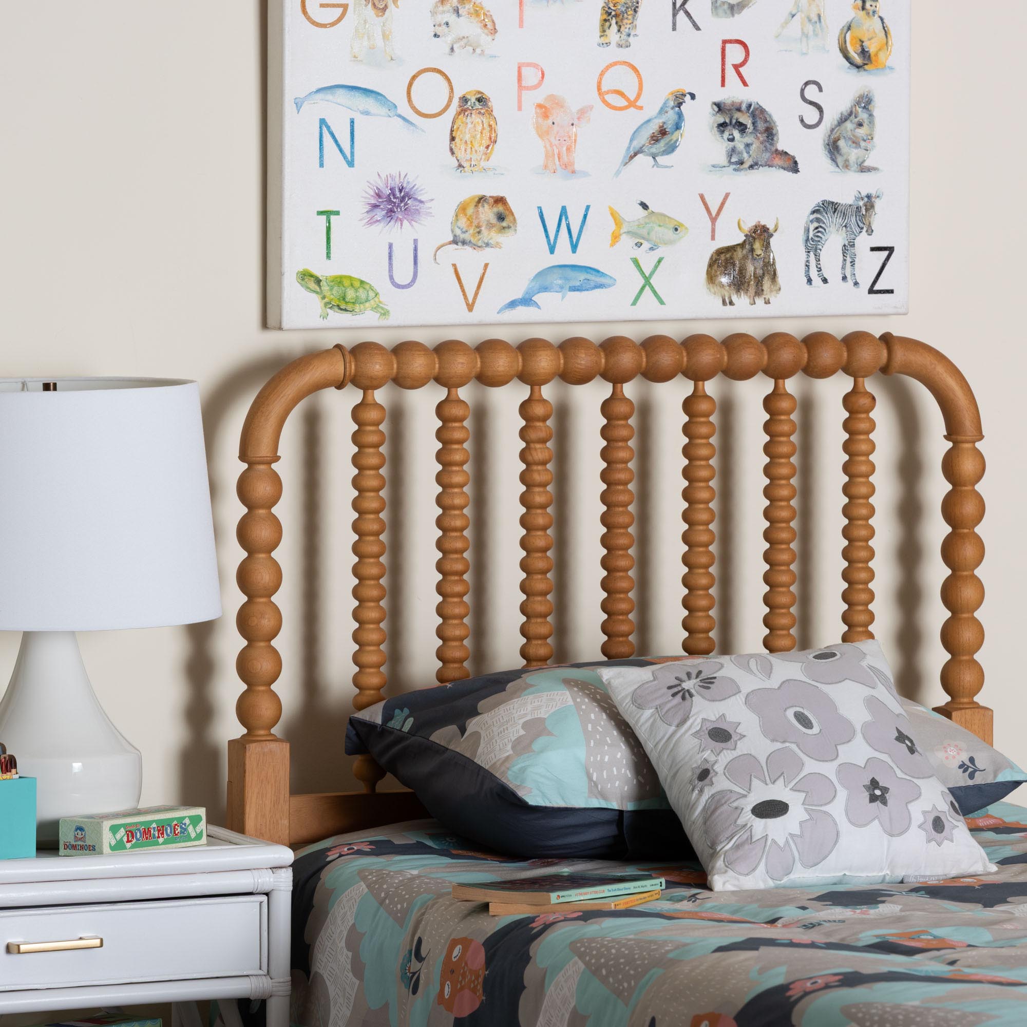 Finley Turned Bobbin Headboard - Crafted Wood Panel with Decorative Spindle Design for Cottage Farmhouse Bedroom, Twin, Oak Brown