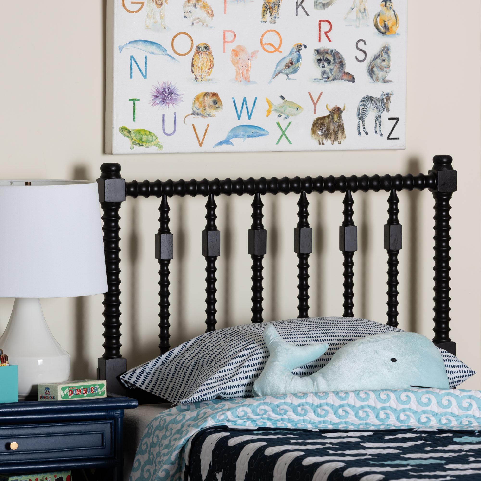 Juliette Turned Spindle Headboard - Crafted Wood Panel with Decorative Spoke Design for Cottage Farmhouse Bedroom, Twin, Black