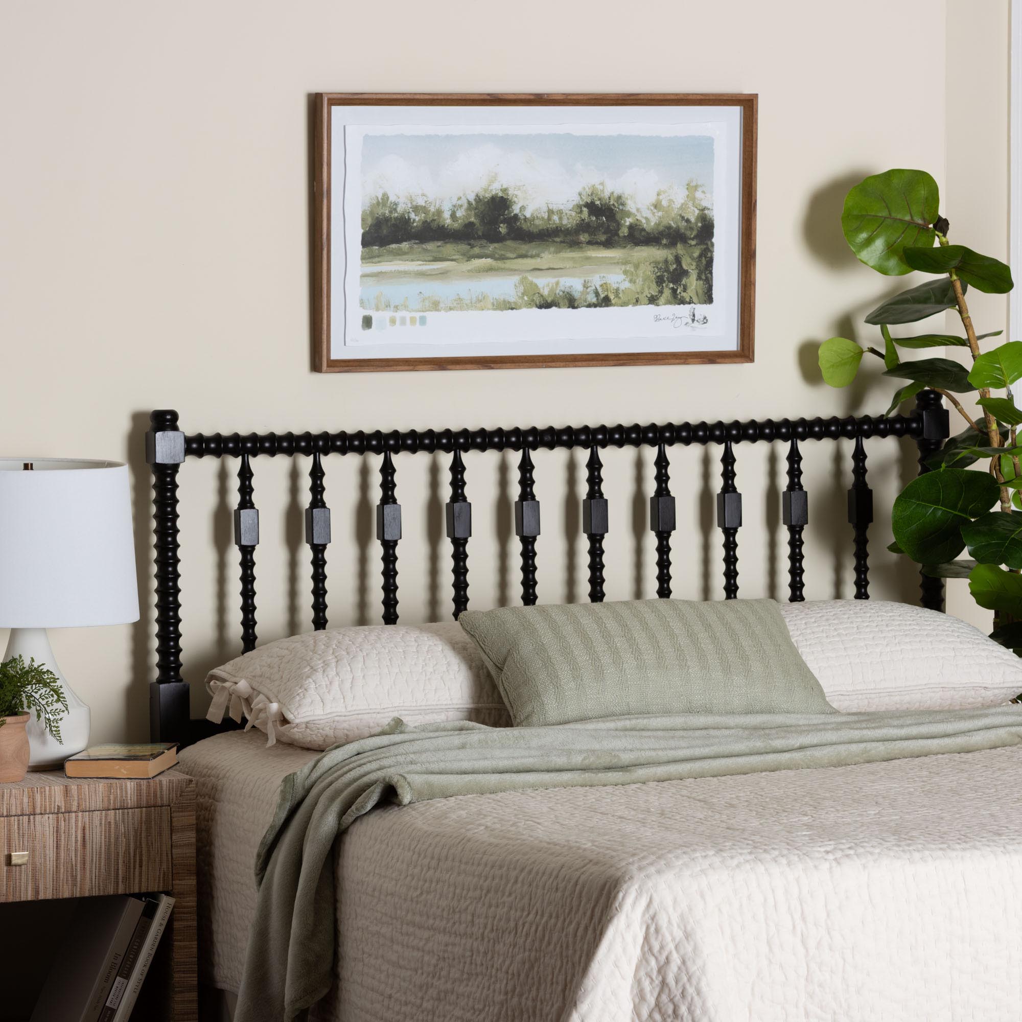 Juliette Turned Spindle Headboard - Crafted Wood Panel with Decorative Spoke Design for Cottage Farmhouse Bedroom, Queen, Black