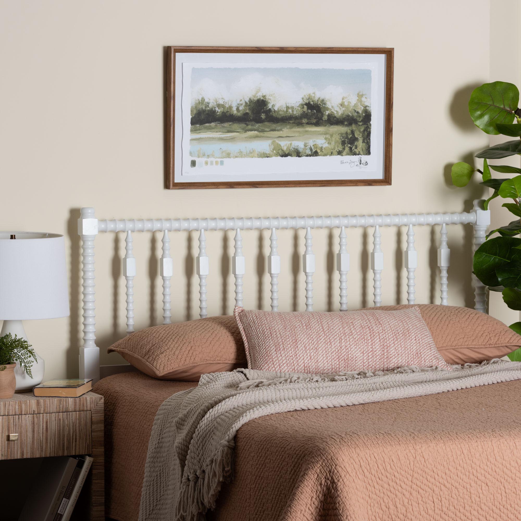 Juliette Turned Spindle Headboard - Crafted Wood Panel with Decorative Spoke Design for Cottage Farmhouse Bedroom, Queen, White