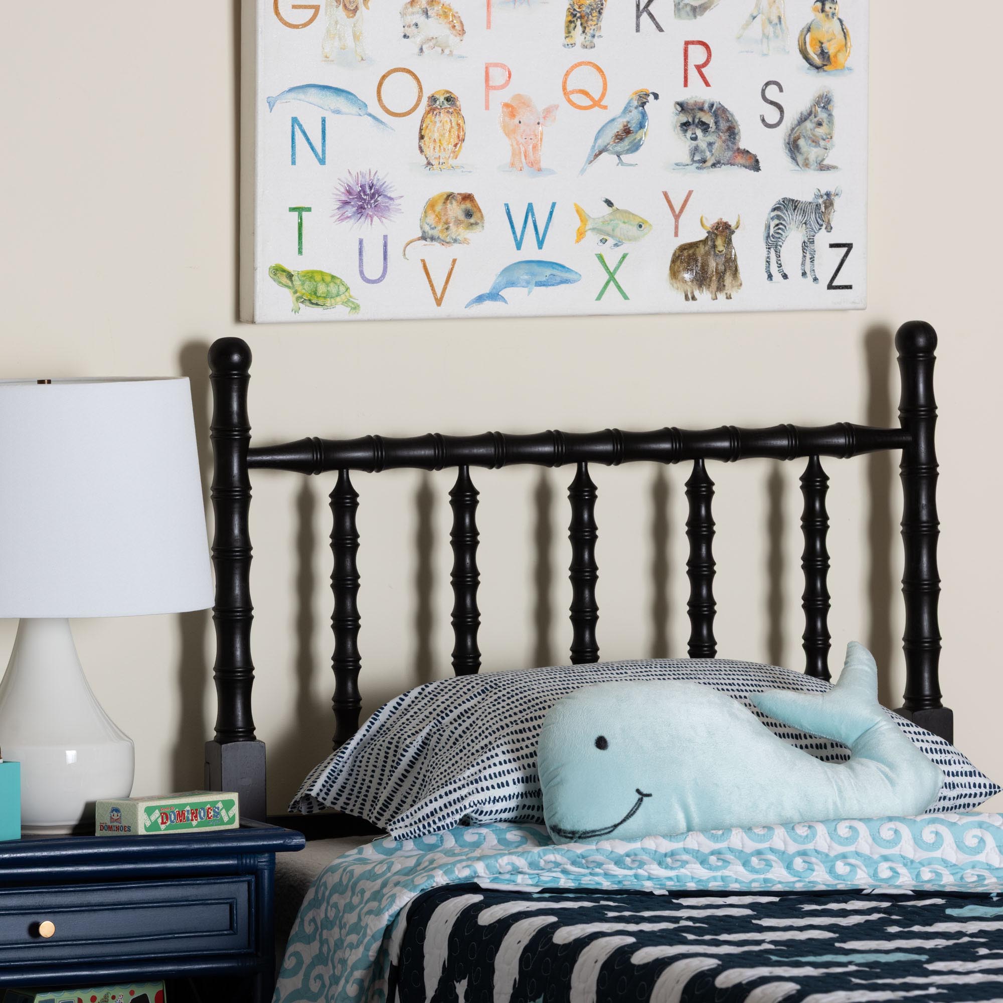 Edaline Bamboo Motif Headboard - Crafted Wood Panel with Decorative Turned Spindle Design for Boho Costal Bedroom, Twin, Black