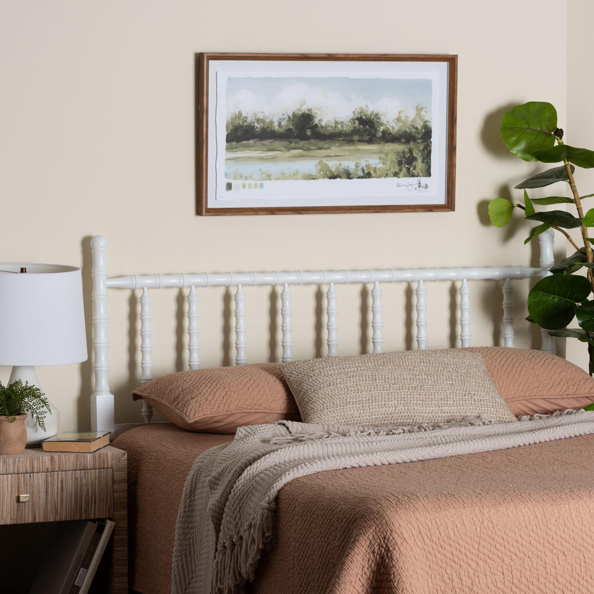 Edaline Bamboo Motif Headboard - Crafted Wood Panel with Decorative Turned Spindle Design for Boho Costal Bedroom, King, White