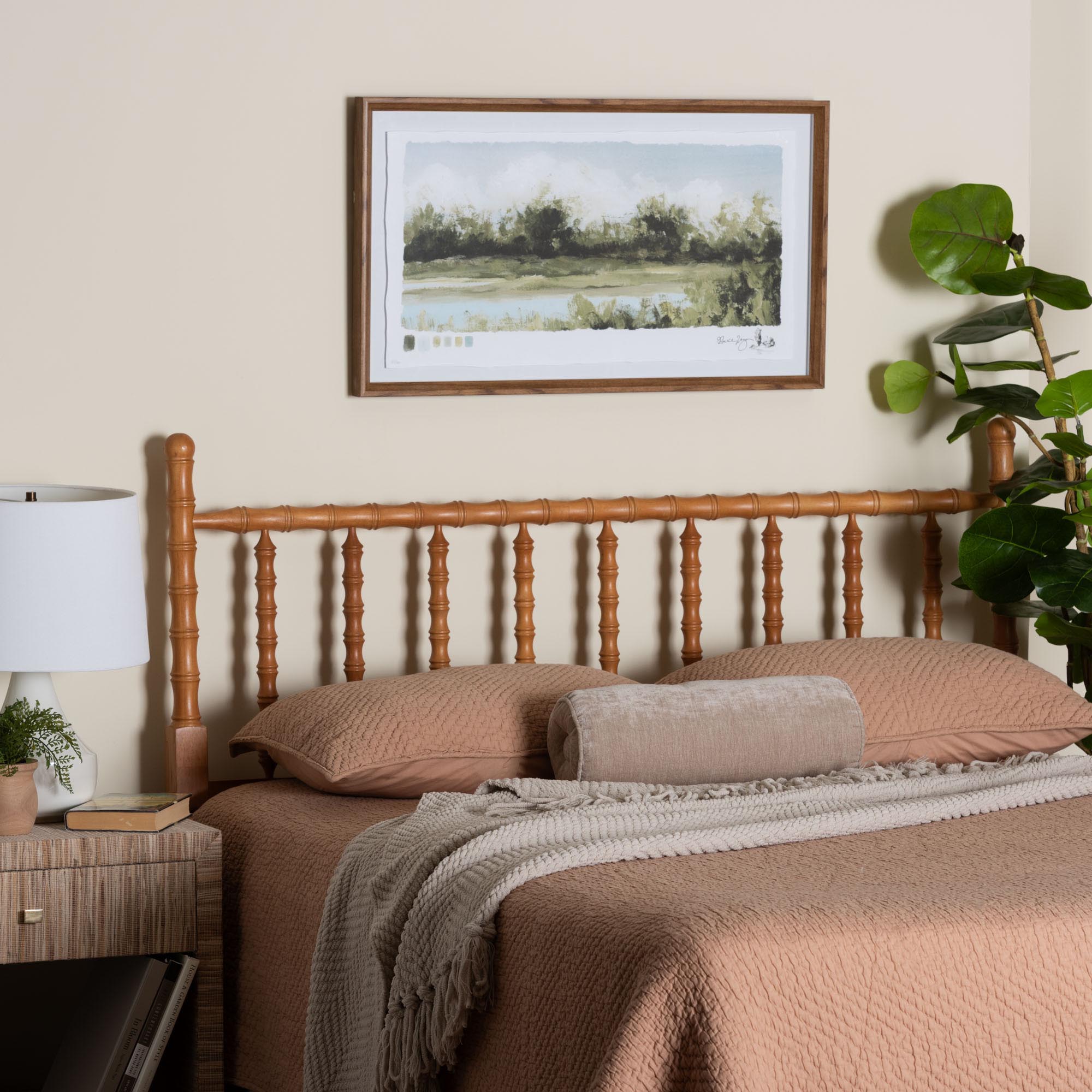 Edaline Bamboo Motif Headboard - Crafted Wood Panel with Decorative Turned Spindle Design for Boho Costal Bedroom, Queen, Oak Brown