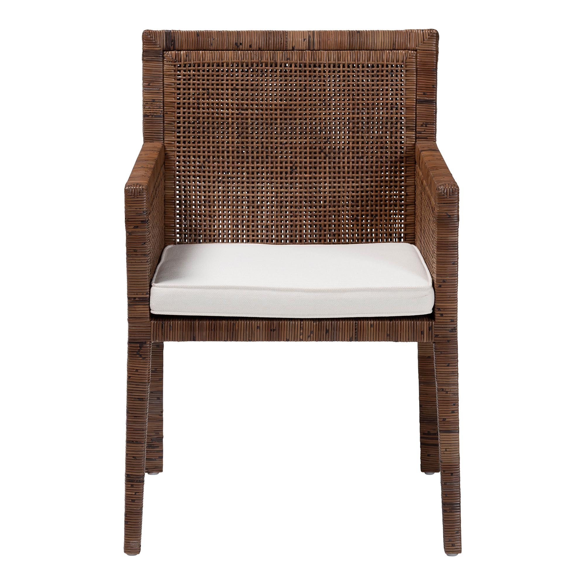 Karis Rattan Dining Chair with Cushion - Handwoven Wicker Armchair with Mahogany Wood Frame, Coastal Boho Style Indoor Seating, Antique Coffee