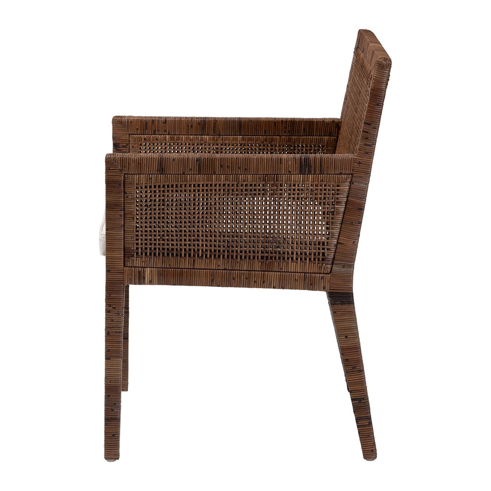 Karis Rattan Dining Chair with Cushion - Handwoven Wicker Armchair with Mahogany Wood Frame, Coastal Boho Style Indoor Seating, Antique Coffee