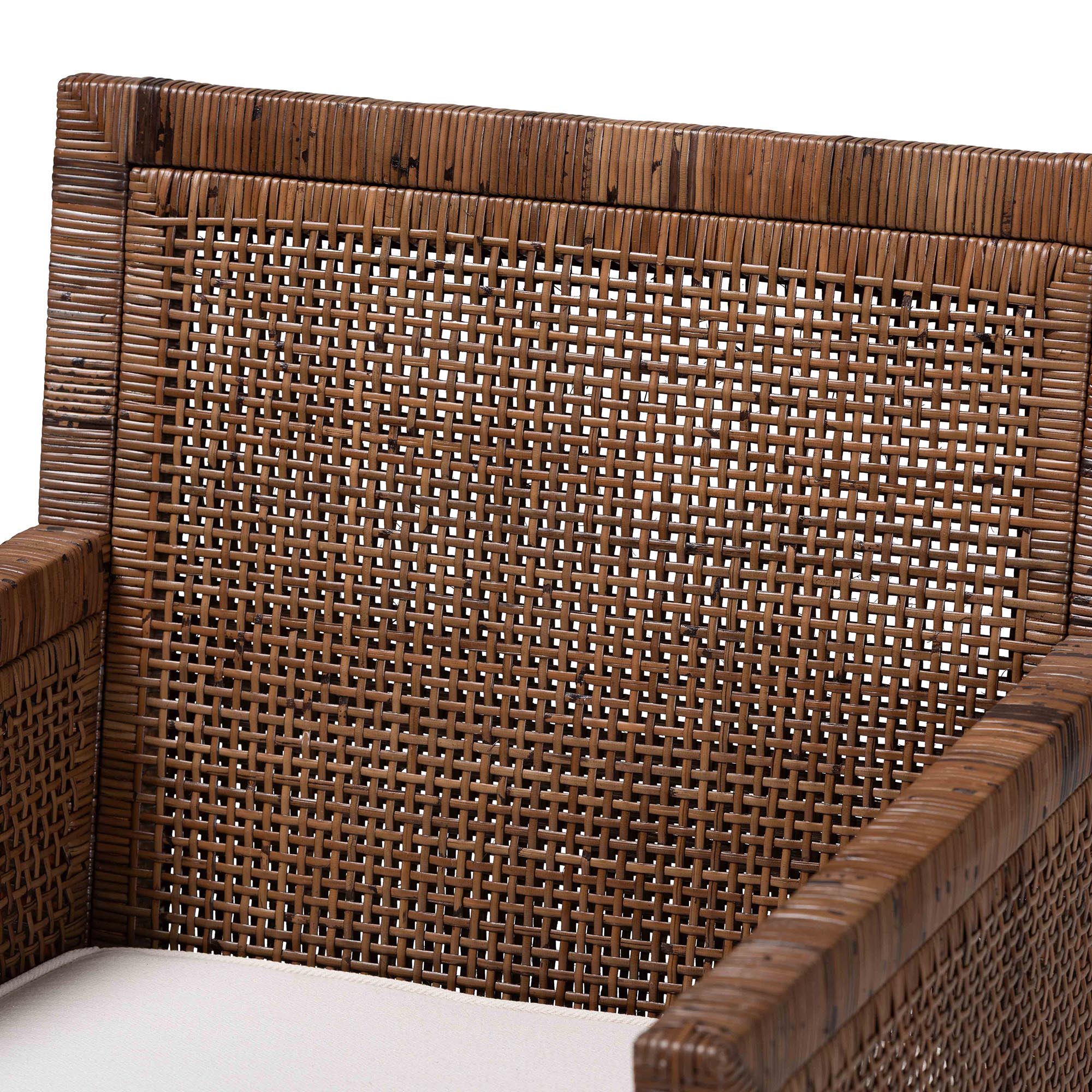 Karis Rattan Dining Chair with Cushion - Handwoven Wicker Armchair with Mahogany Wood Frame, Coastal Boho Style Indoor Seating, Antique Coffee