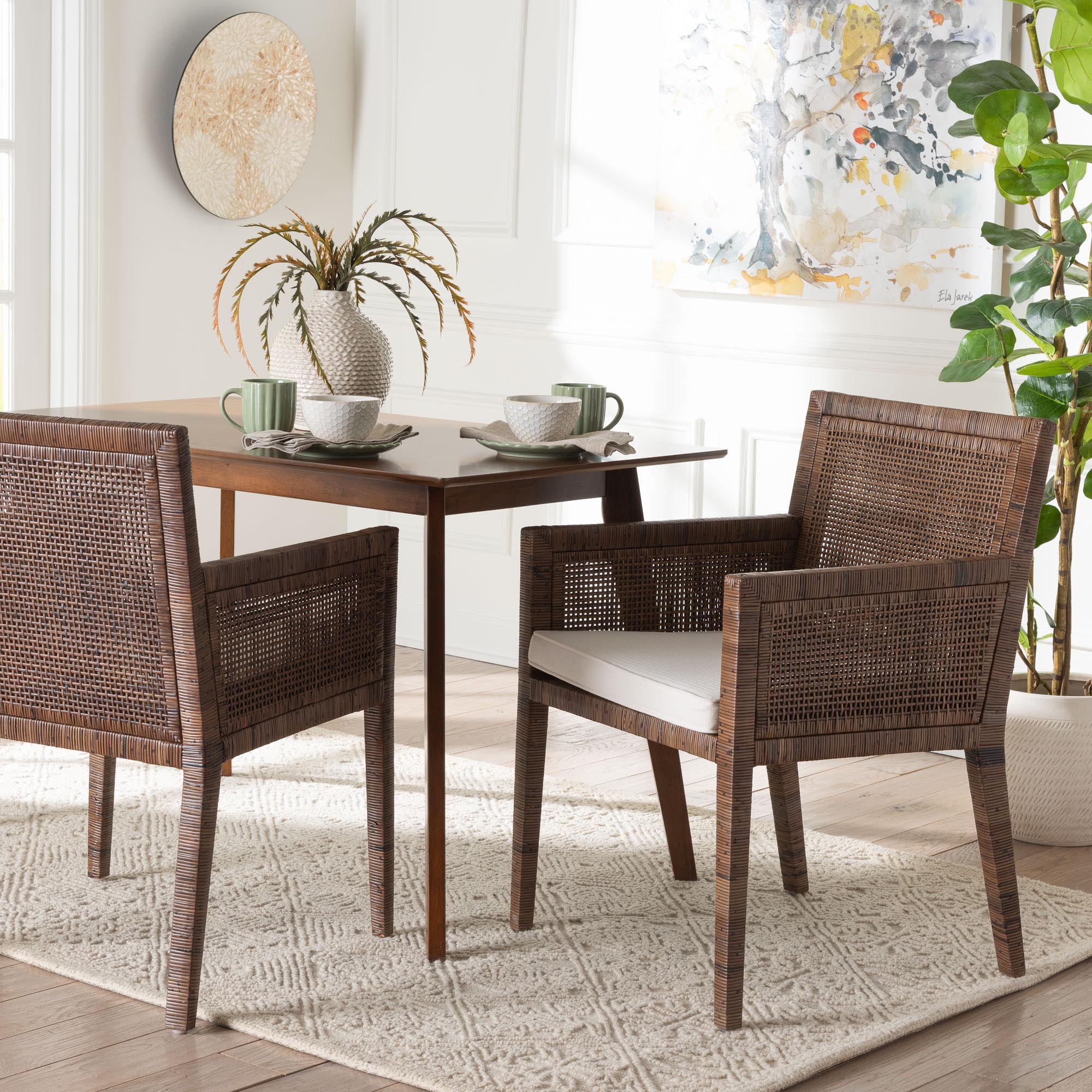 Karis Rattan Dining Chair with Cushion - Handwoven Wicker Armchair with Mahogany Wood Frame, Coastal Boho Style Indoor Seating, Antique Coffee