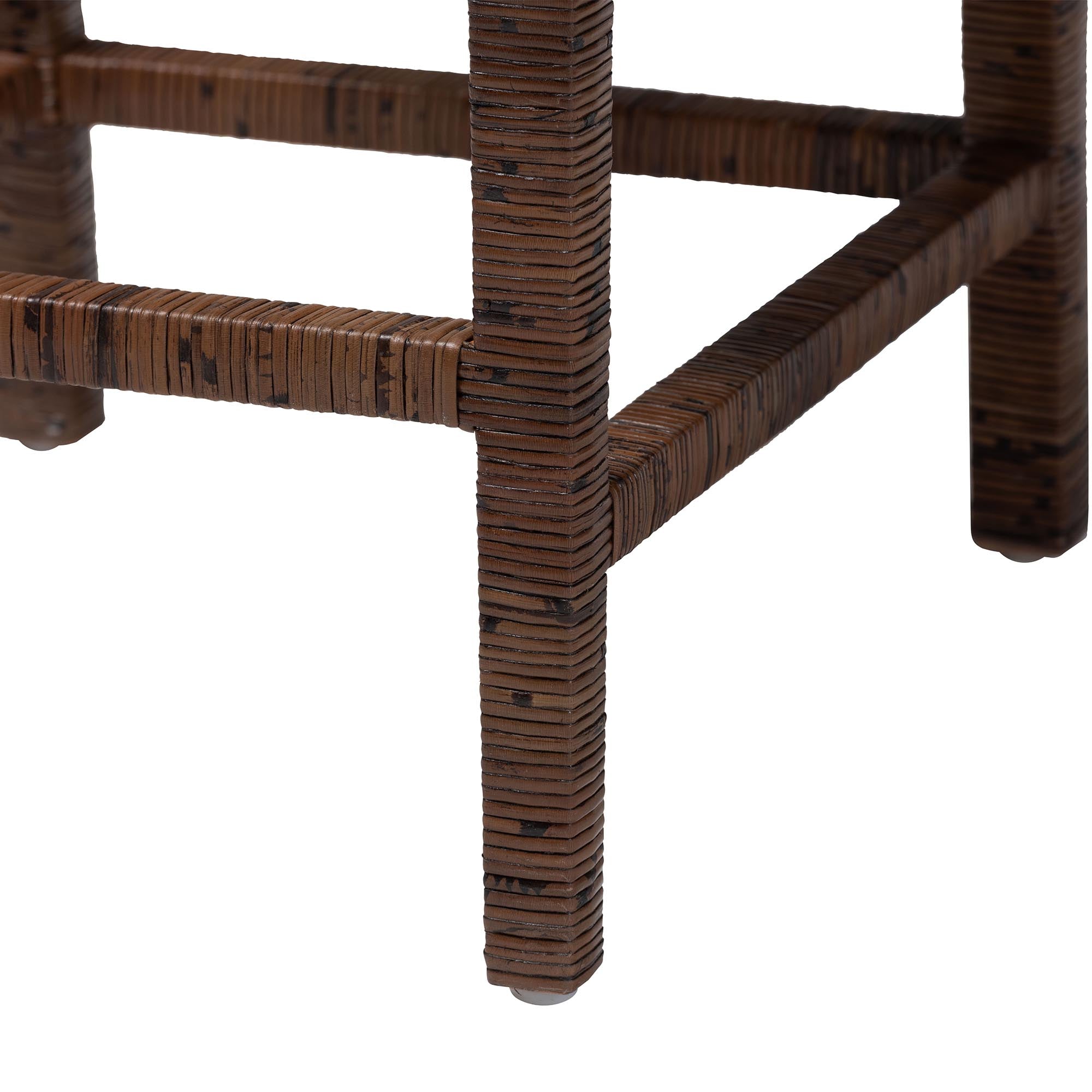 Sofia Rattan Counter Stool with Mahogany Wood Frame - Handwoven Wicker Counter Height Chair with Cushion, Coastal Boho Style Kitchen Island Seating, Antique Coffee