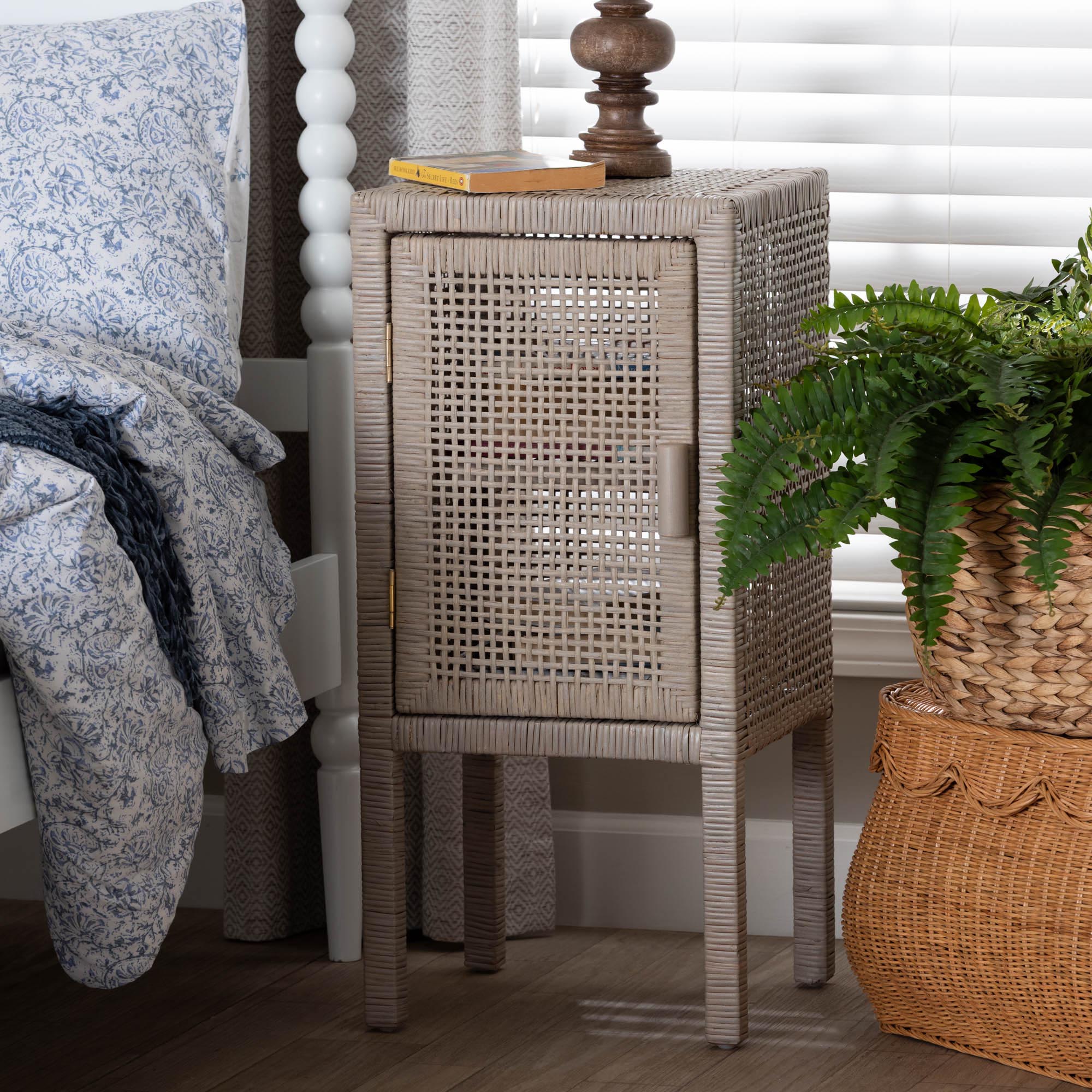 bali & pari Vivan Natural Rattan Nightstand - Handwoven Wicker Accent Bedside Table with Interior Shelving and Elevated Base, French Grey