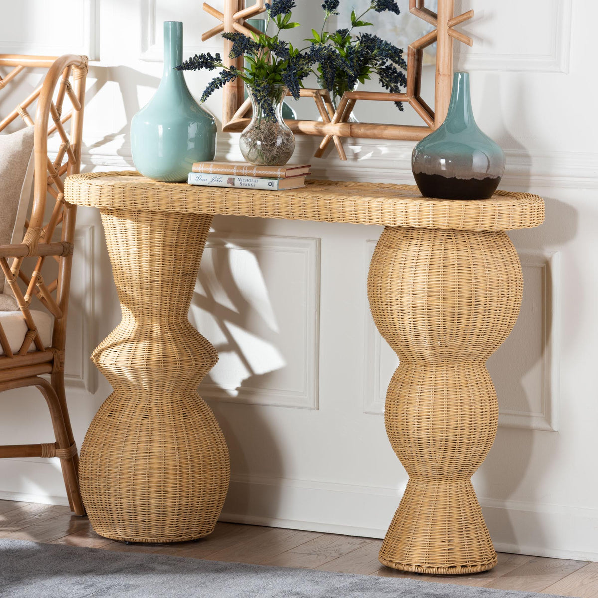 Hisao Natural Rattan Checkered Console Table with Sculptural Base