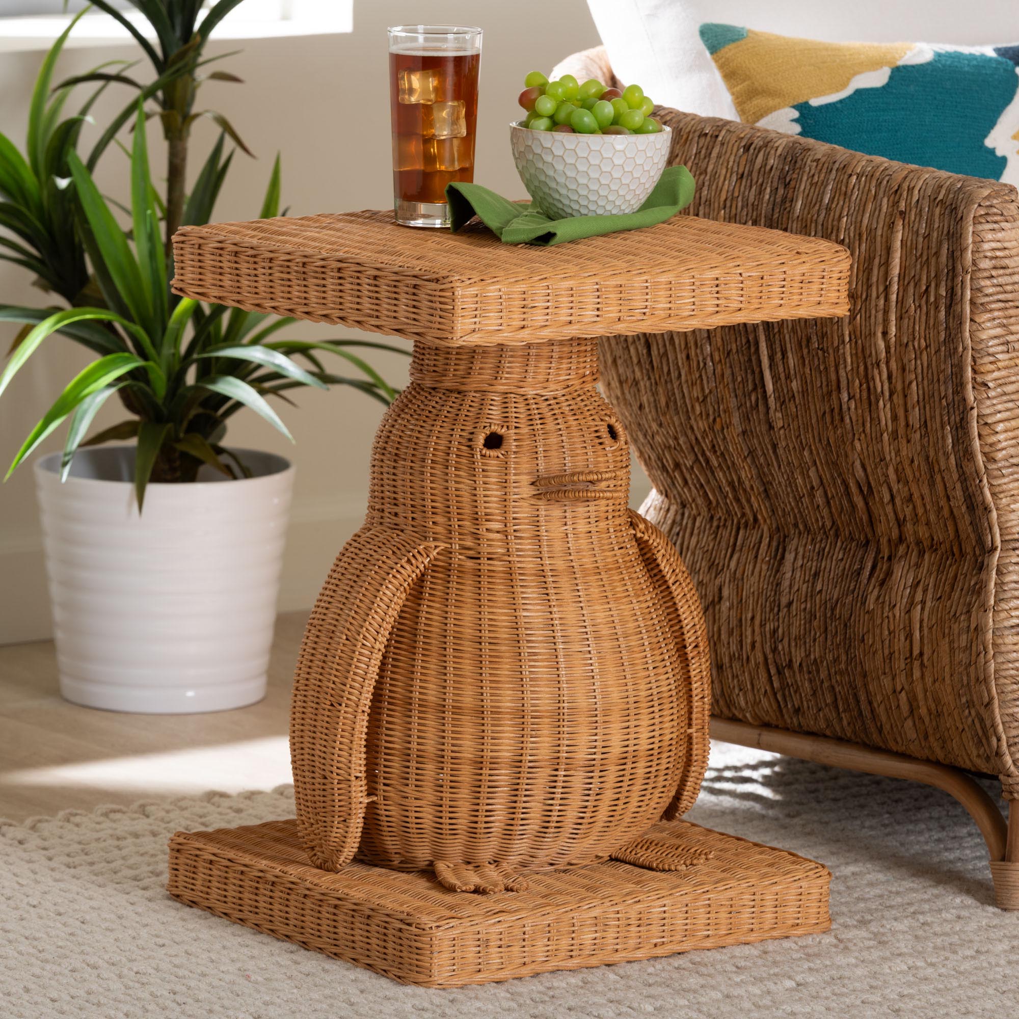 Pembroke Penguin End Table - Handwoven Rattan Sculptural Accent Side Table with Platform Base