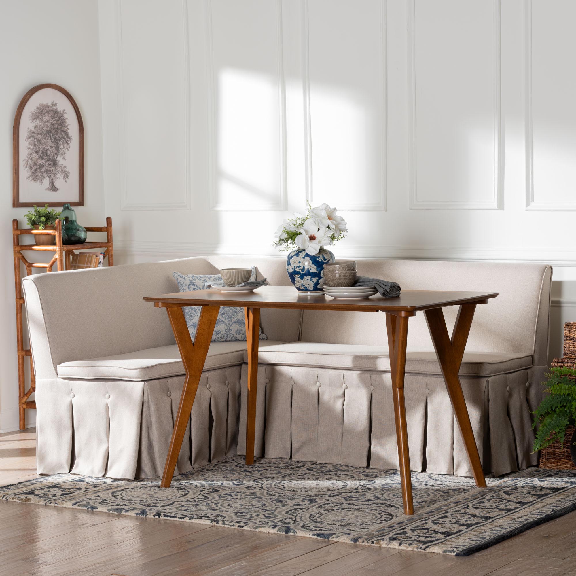 Reginald 3-Piece Fabric Upholstered Dining Nook Set - Corner Kitchen Dining Banquette Set with Skirted Base, L-Shaped Seating for Small Spaces, Beige