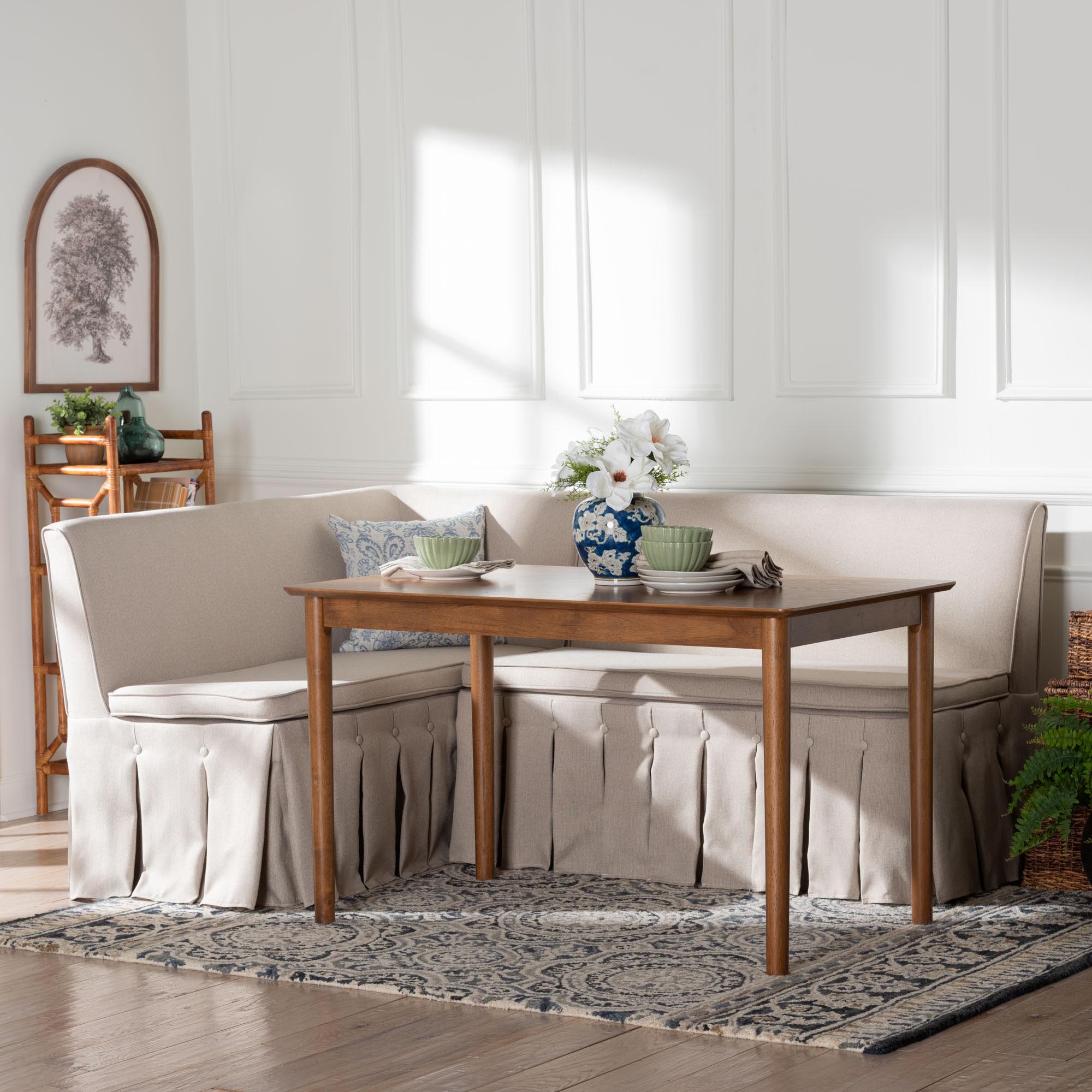 Reuben 3-Piece Fabric Upholstered Dining Nook Set - Corner Kitchen Dining Banquette Set with Skirted Base, L-Shaped Seating for Small Spaces, Beige
