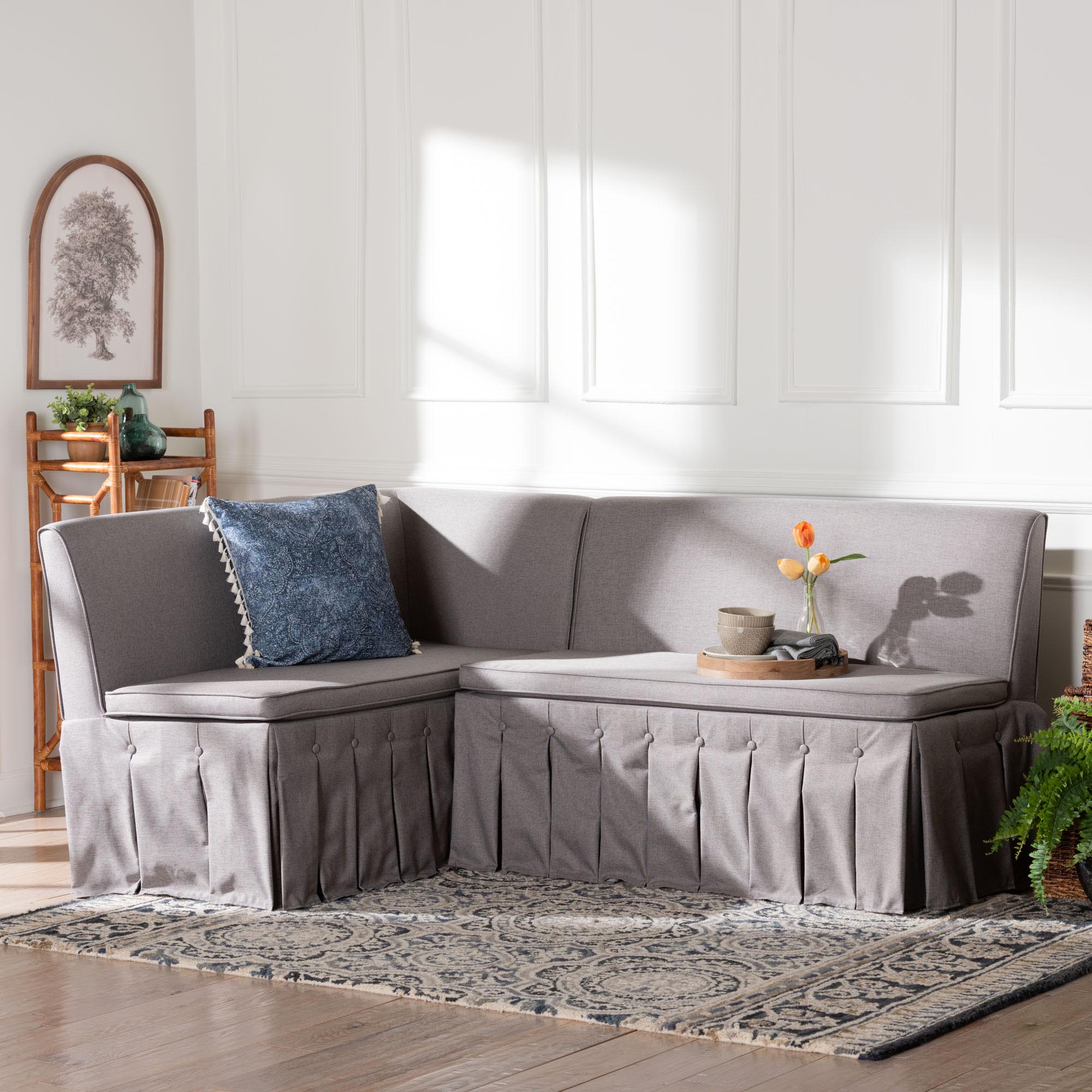 Meyer 2-Piece Fabric Upholstered Dining Nook Bench Set - Corner Kitchen Banquette Seating with Skirted Base, L-Shaped Breakfast Nook for Small Spaces, Grey