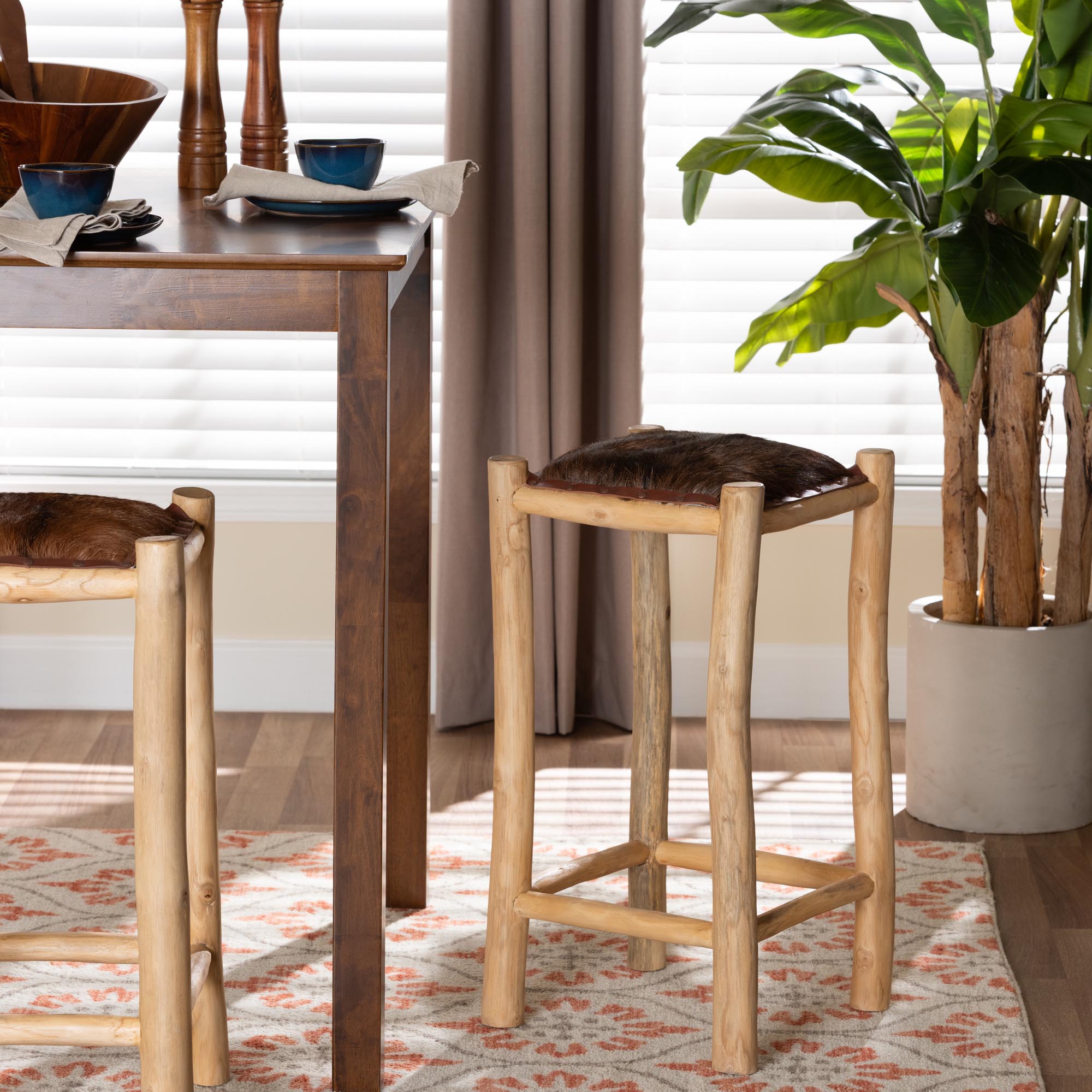 Rivera Genuine Goat Leather Counter Stool - Rustic Boho Seating with Teak Wood Frame and Natural Hide Upholstery