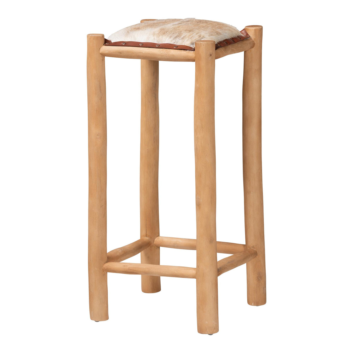 Rivera Genuine Goat Leather Bar Stool - Rustic Boho Seating with Teak Wood Frame and Natural Hide Upholstery