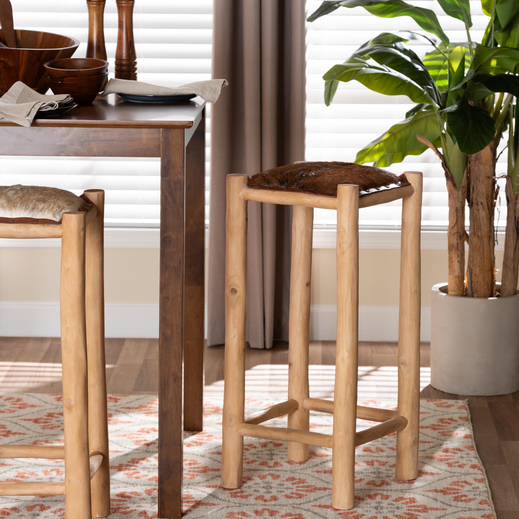 Rivera Genuine Goat Leather Bar Stool - Rustic Boho Seating with Teak Wood Frame and Natural Hide Upholstery