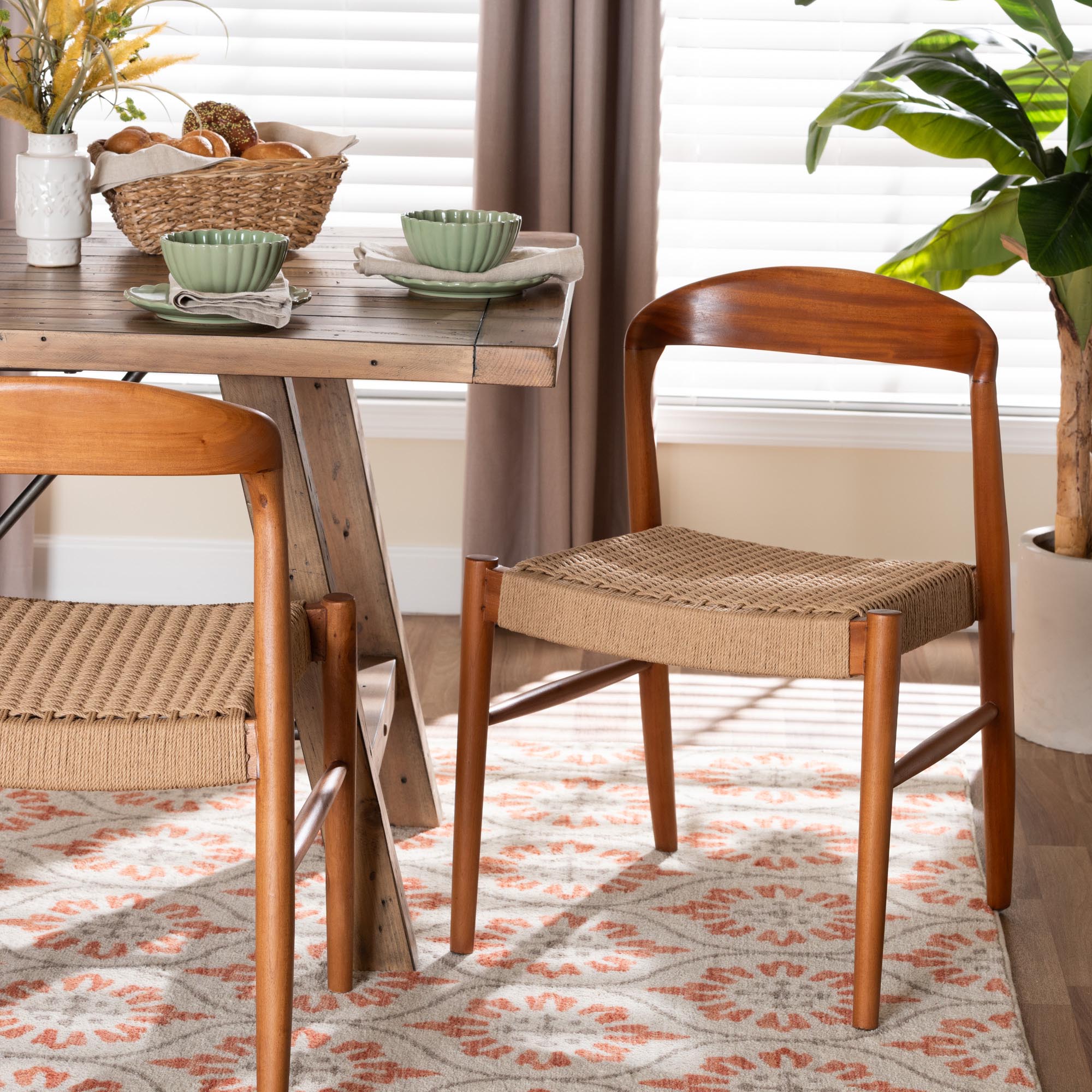 Lorena Paper Loom Woven Dining Chair - Mahogany Wood Frame Accent Chair with Curved Back for Kitchen or Dining Room Seating