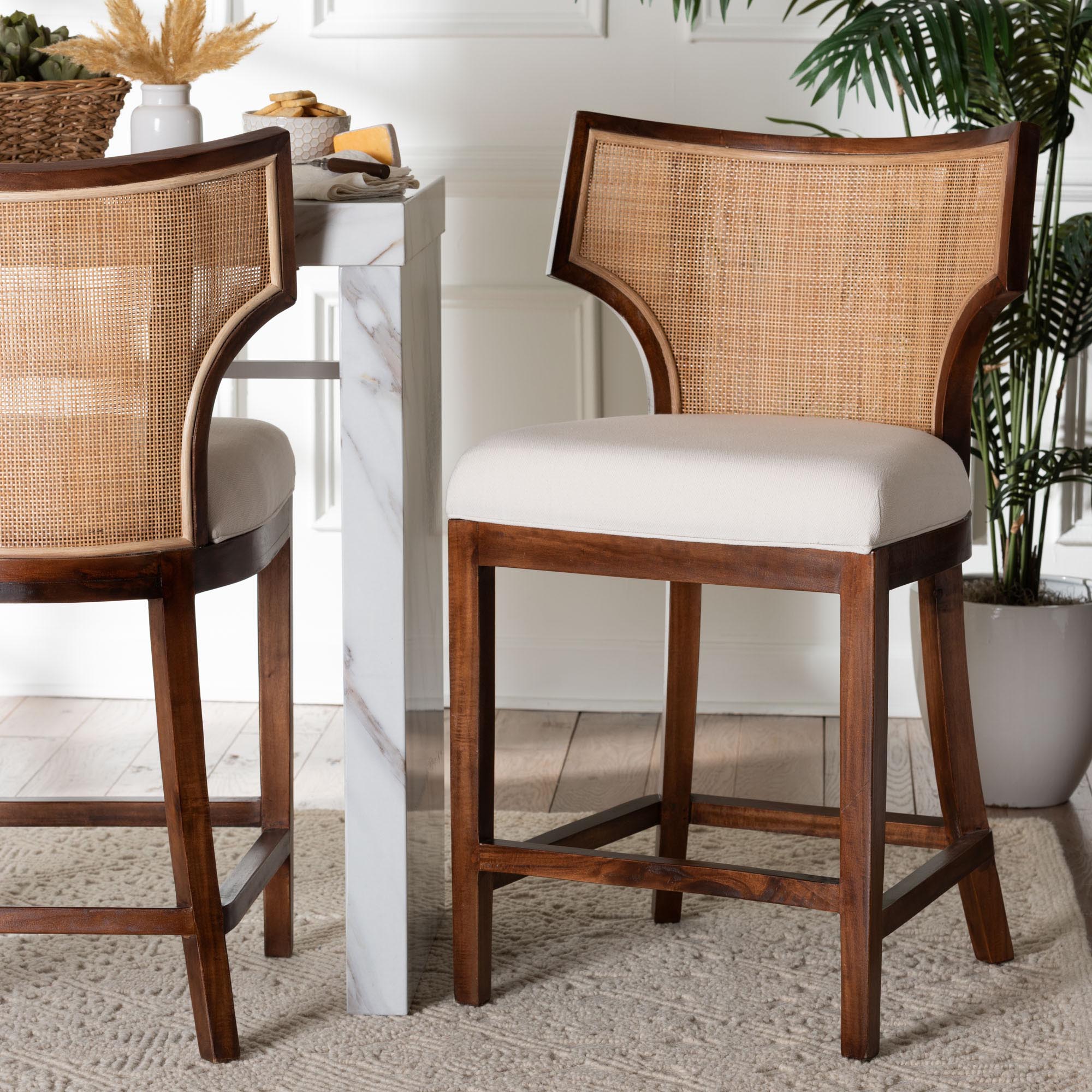 Franco Counter Stool - Sculpted Seating with Woven Rattan Backrest and Upholstered Seat for Kitchen or Lounge