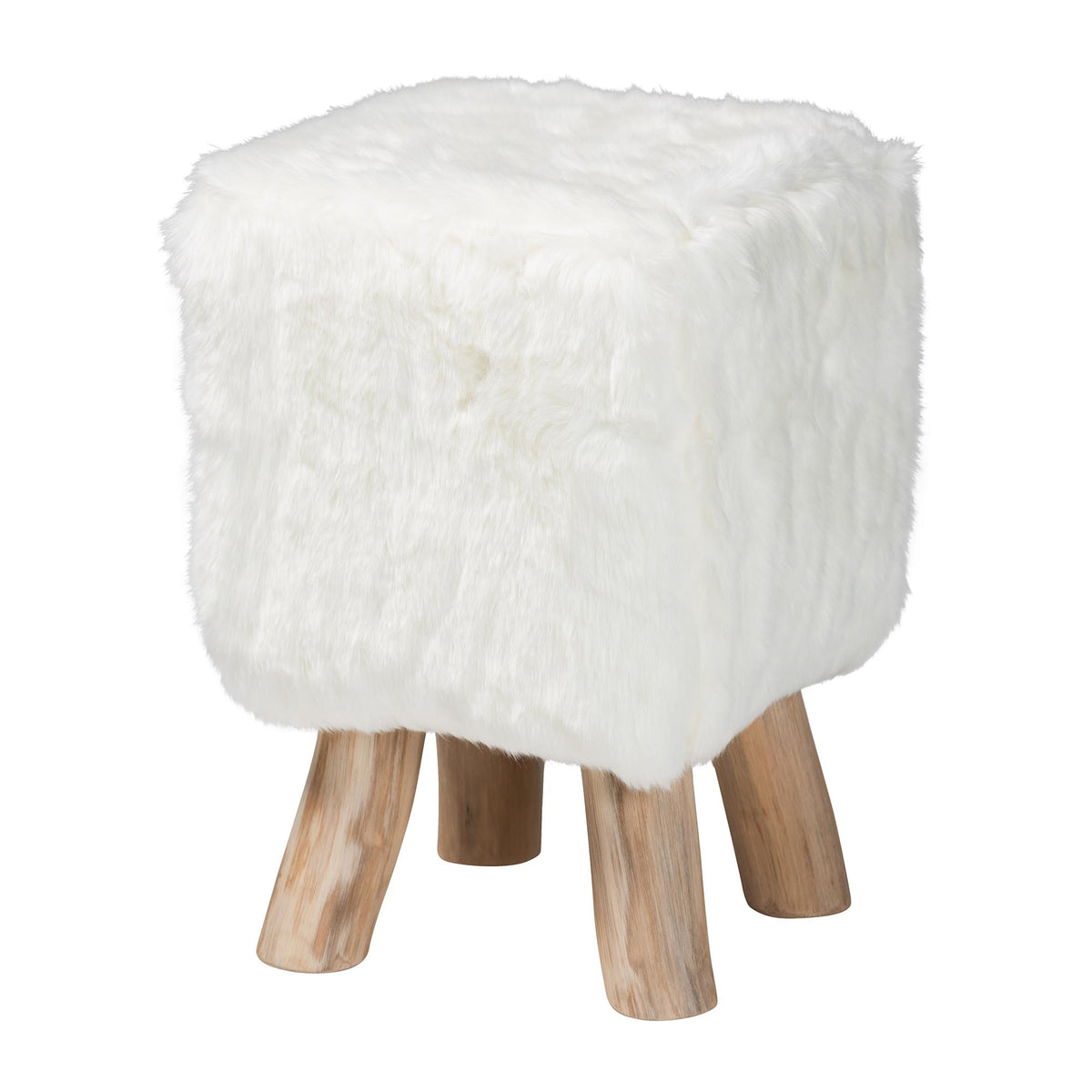 Scotlyn Faux Fur Footstool with Teak Wood Legs - Rustic Boho Accent Seat, Handmade Decorative Footrest for Living Room or Bedroom, White