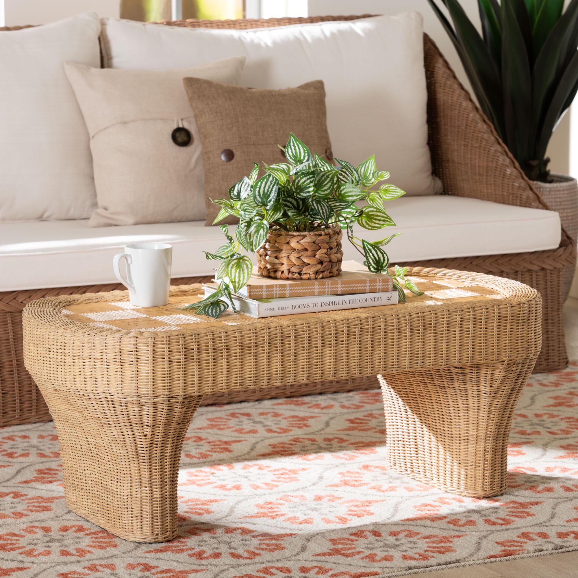 Canika Natural Rattan Coffee Table - Handwoven Wicker Accent Table with Checkered Tabletop and Waterfall Base for Living Room or Sunroom
