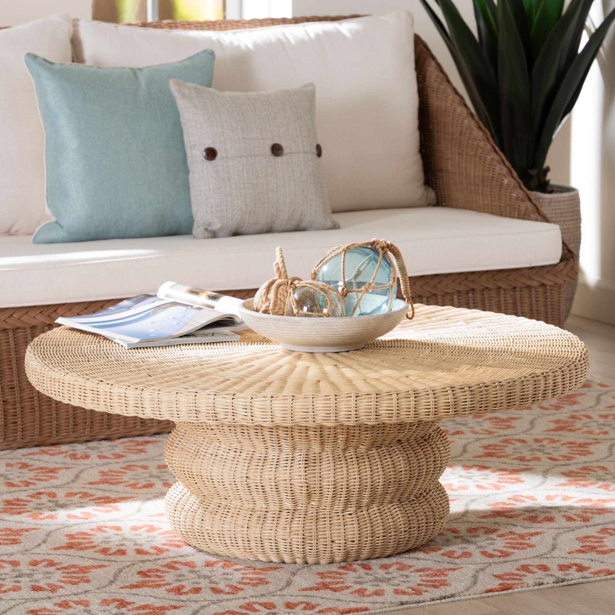 Silvia Natural Rattan Coffee Table - Handwoven Wicker Accent Cocktail Table with Pedestal Base for Living Room or Sunroom
