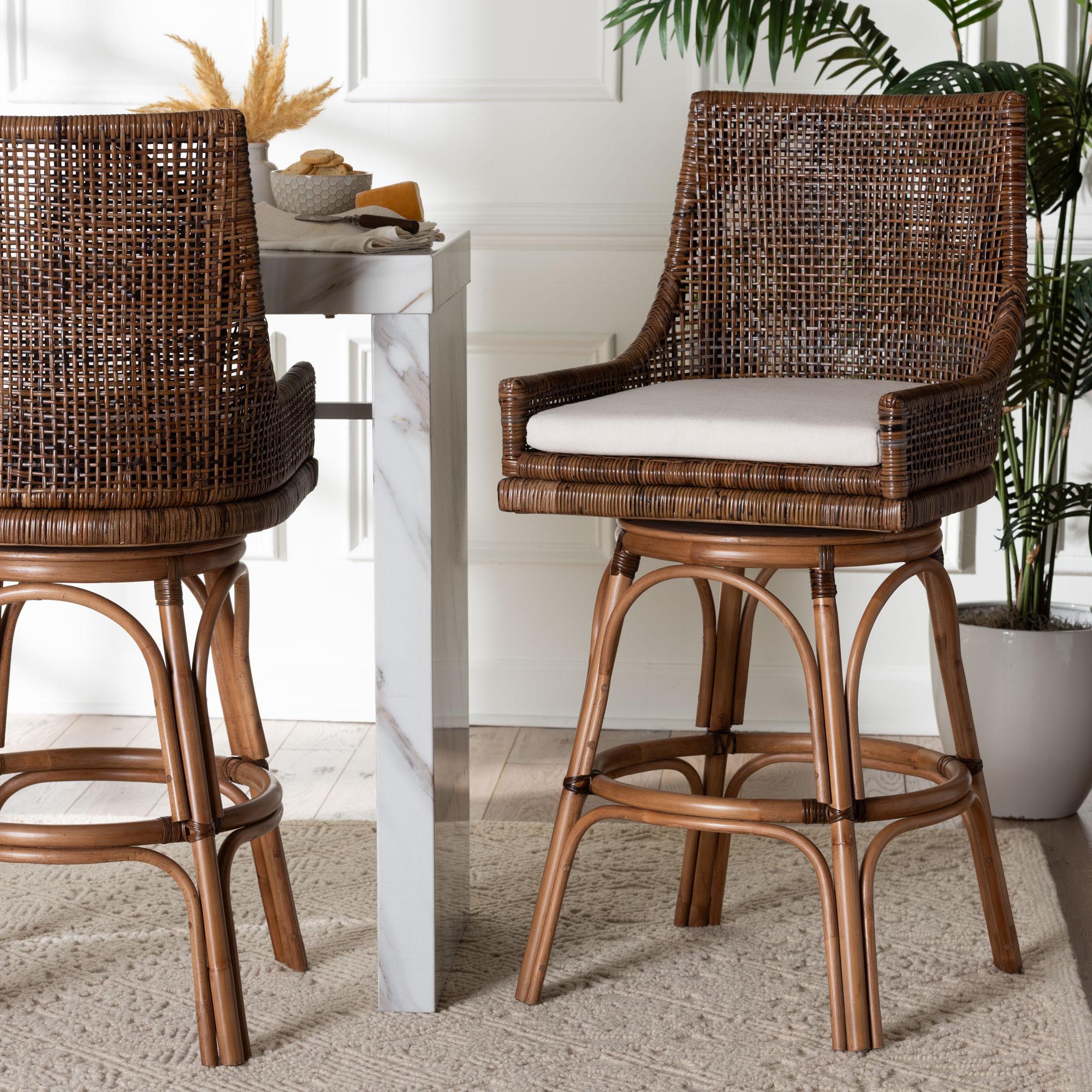 Bella Swivel Rattan Bar Stool with Cushion - Handwoven Wicker Bar Chair with Backrest and Footrest, Coffee Bean