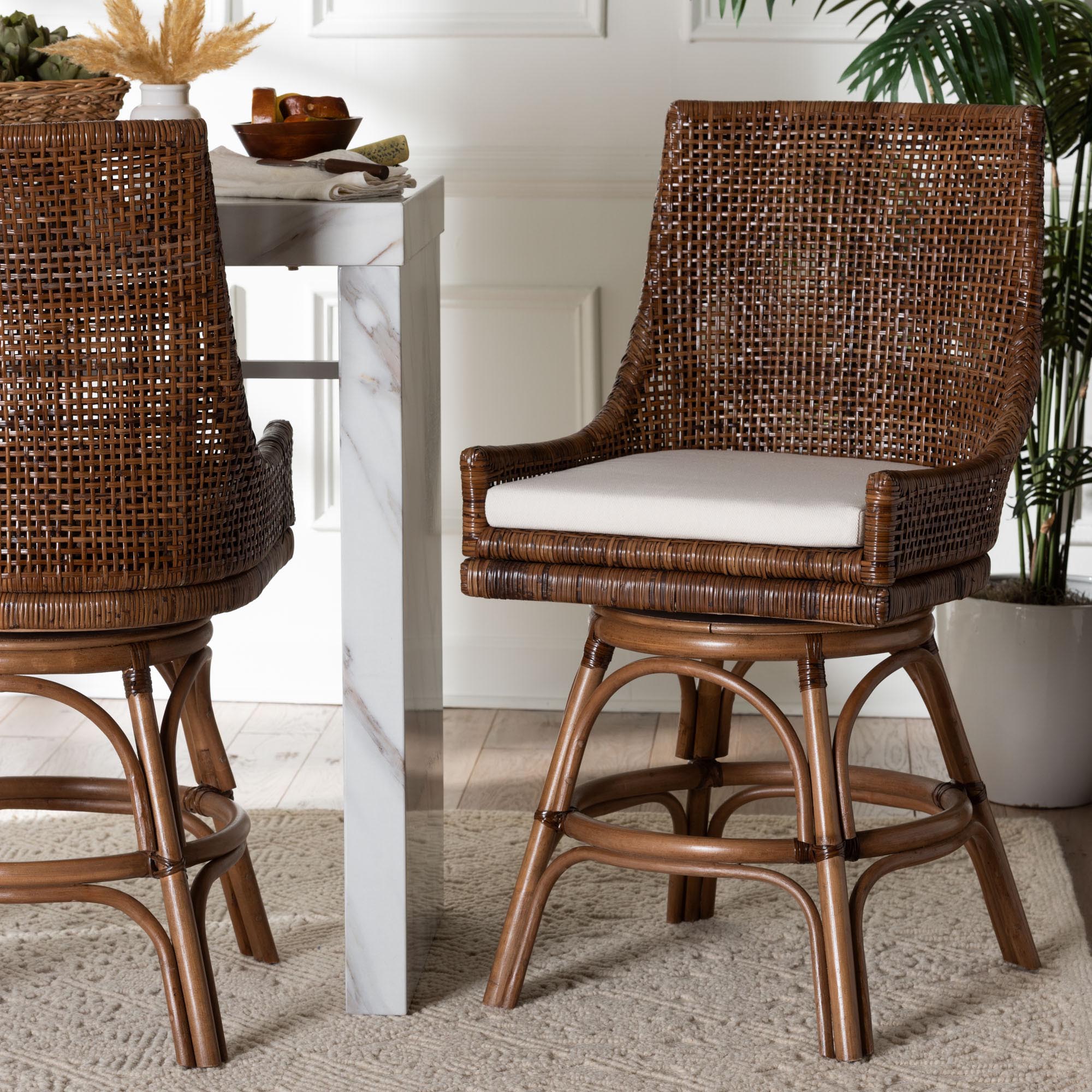 Bella Swivel Rattan Counter Stool with Cushion - Handwoven Wicker Kitchen Island Seating with Backrest and Footrest, Coffee Bean