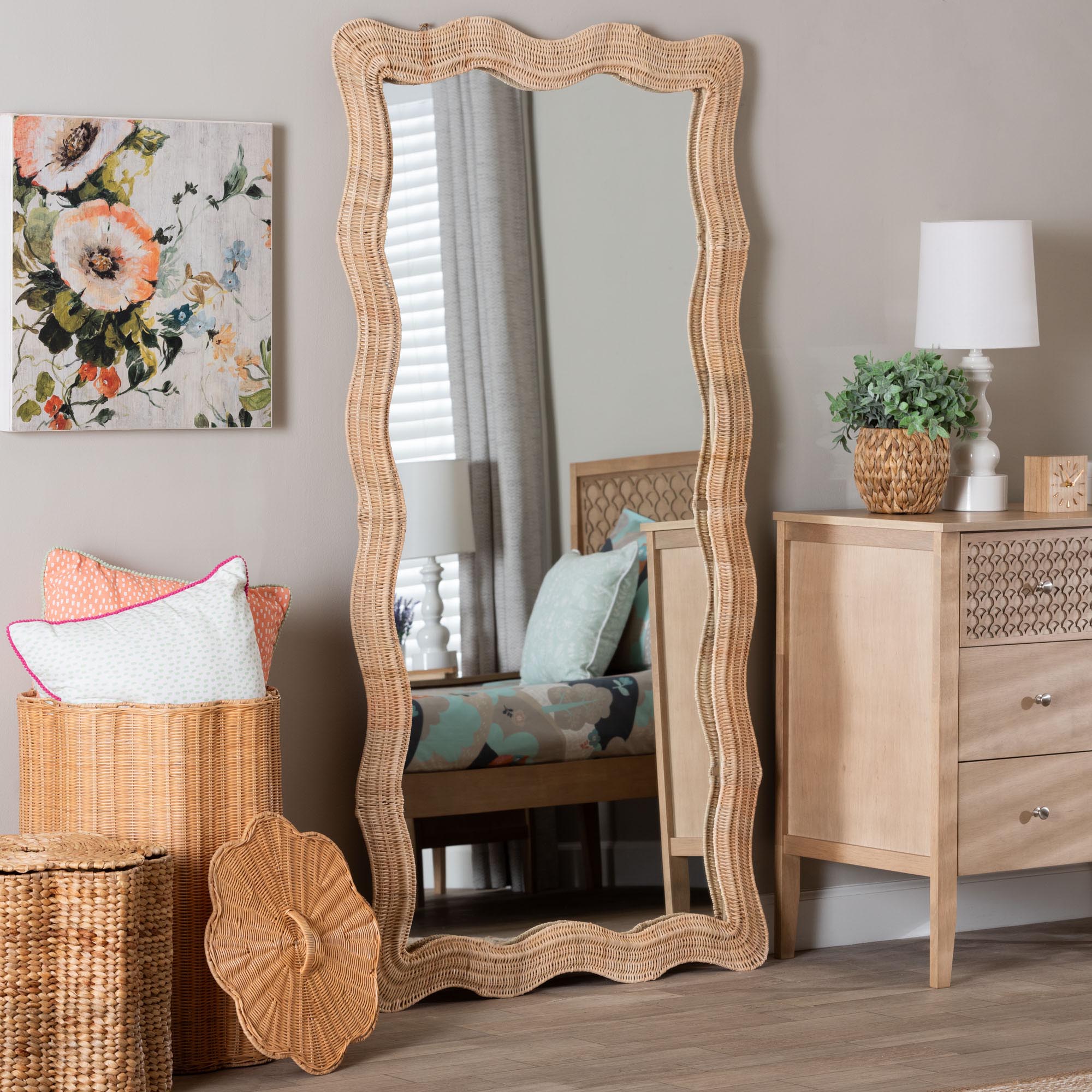 Hasana Natural Rattan Floor Mirror - Scalloped Frame Full Length Accent Mirror for Bedroom or Entryway