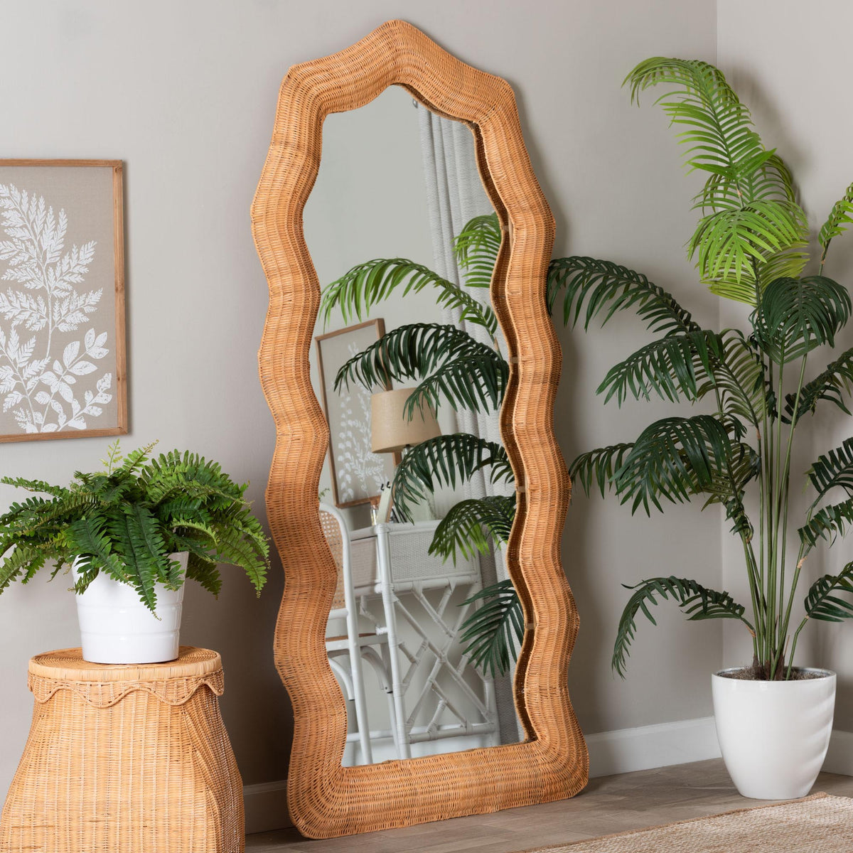 Daray Scalloped Natural Rattan Full Length Floor Mirror