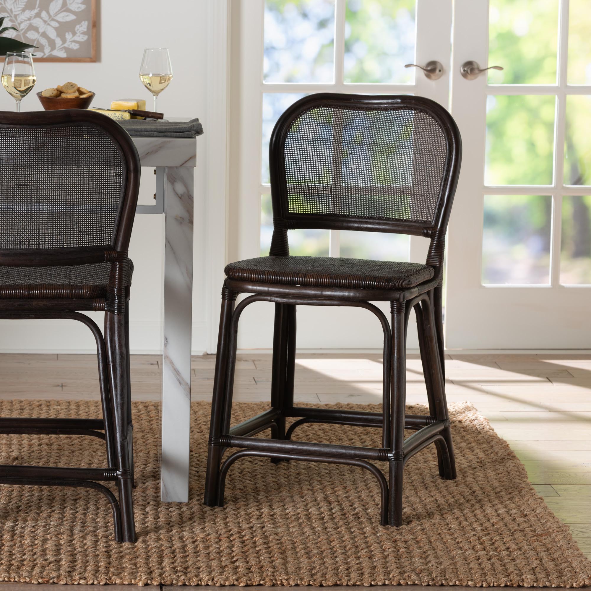 Irene Natural Rattan Counter Stool - Handwoven Wicker Accent Stool with Lattice Backrest for Kitchen Island Seating