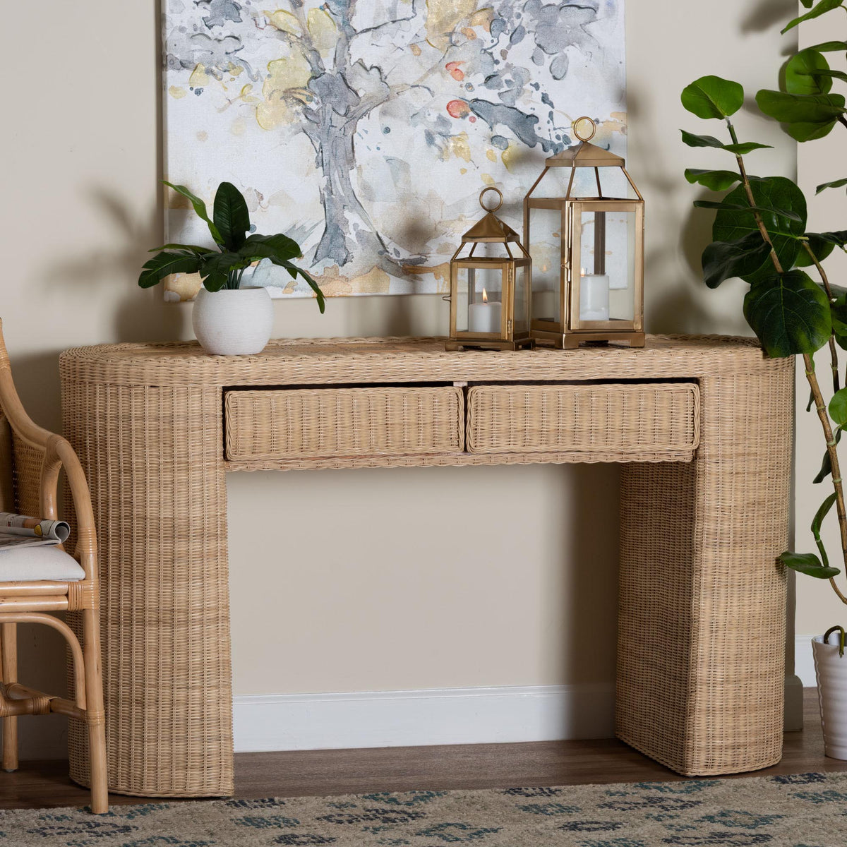 Mimi Natural Rattan Checkered Console Table with Drawer