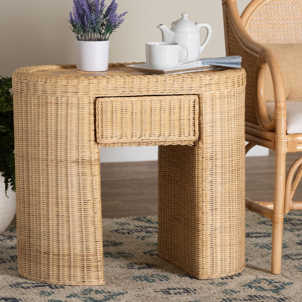 Mimi Natural Rattan Checkered End Table with Drawer