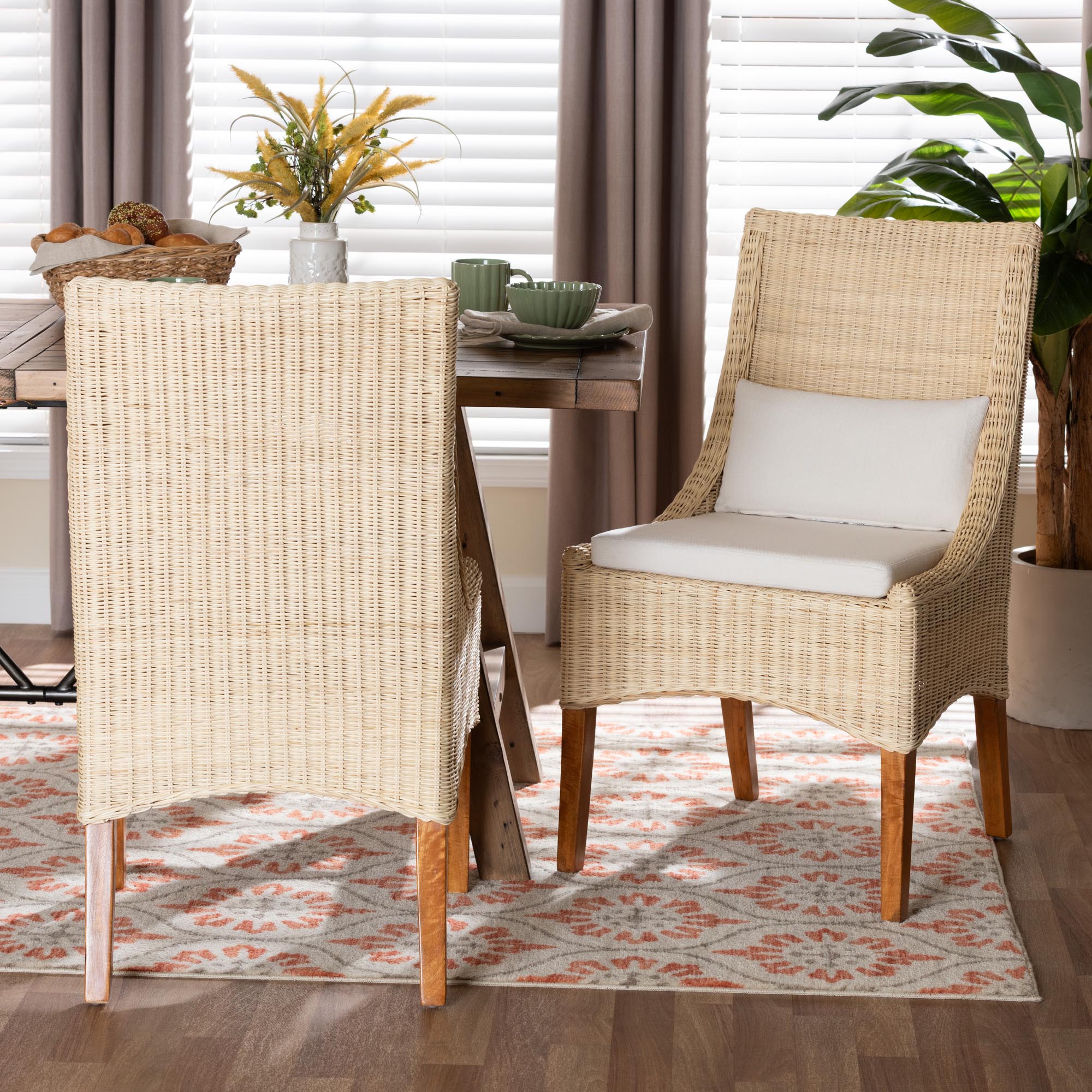 Haybourne Natural Rattan 2-Piece Dining Chair Set - Handwoven Wicker Accent Seating with Wingback Frame for Kitchen or Dining Room
