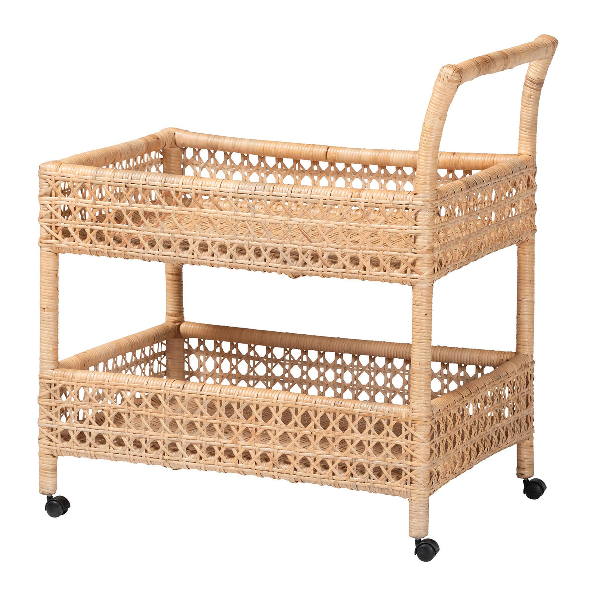 Alaina Natural Rattan Kitchen Cart - 2-Tier Handwoven Wicker Storage Trolley with Handle for Kitchen or Lounge