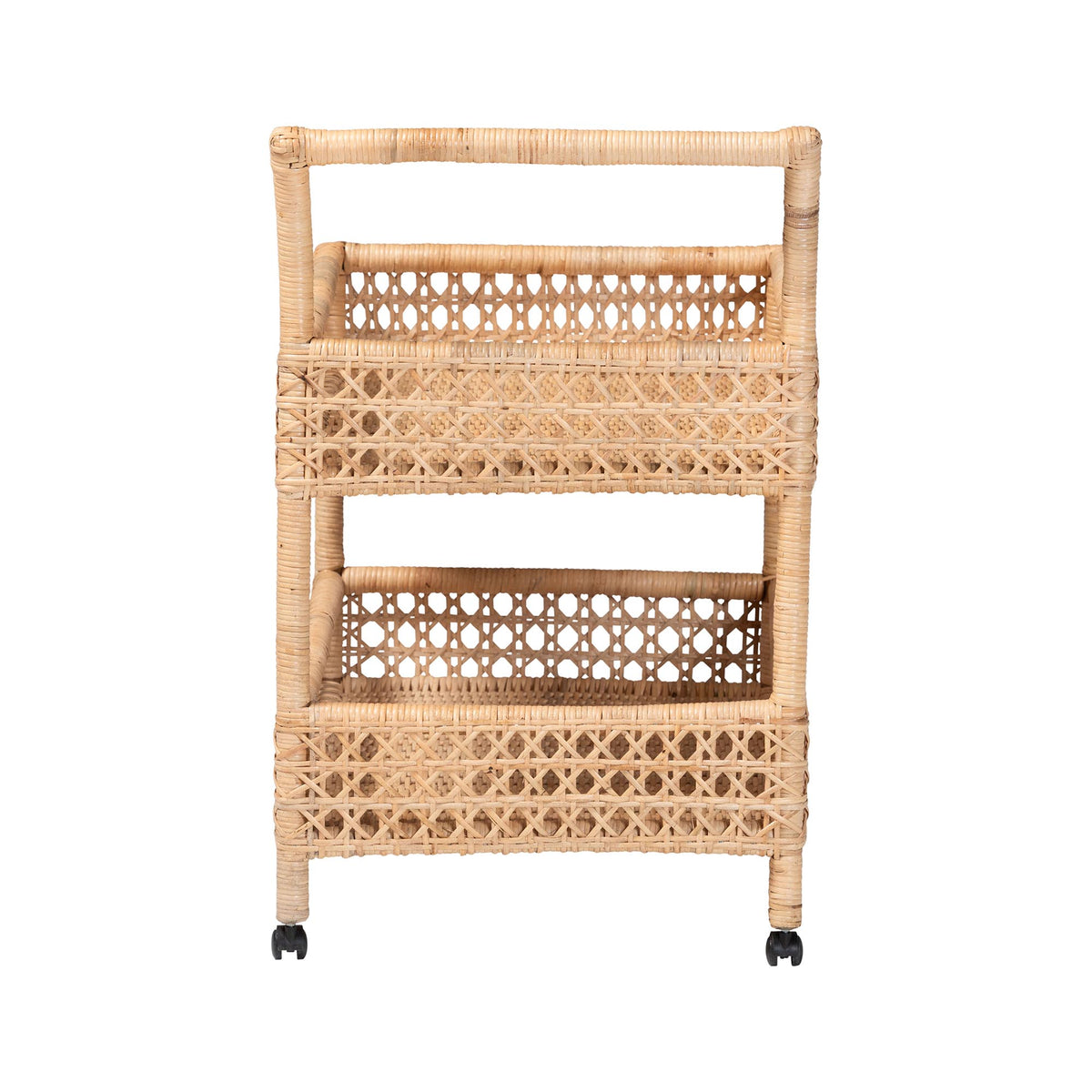 Alaina Natural Rattan Kitchen Cart - 2-Tier Handwoven Wicker Storage Trolley with Handle for Kitchen or Lounge