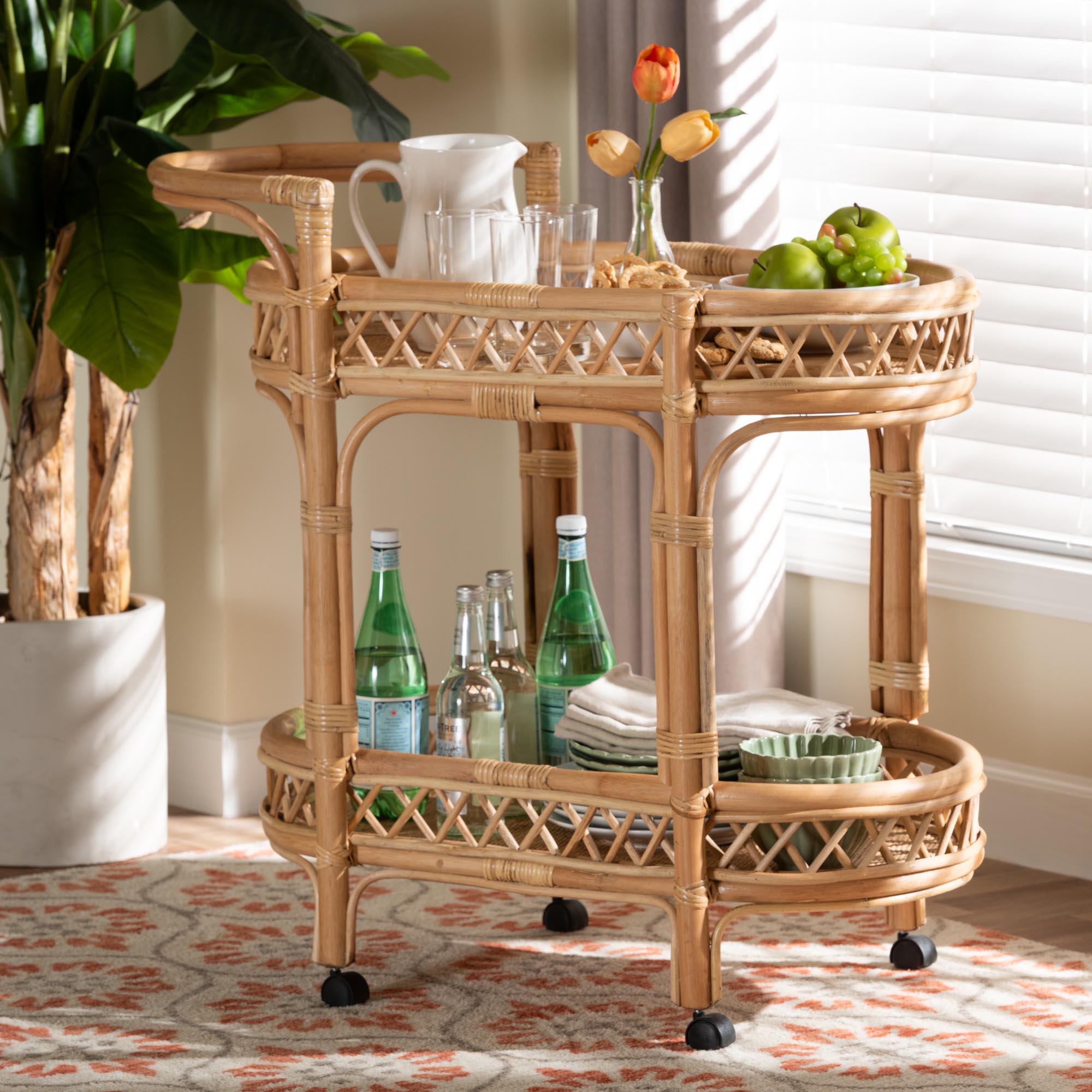 Raul Natural Rattan Kitchen Cart - 2-Tier Handwoven Wicker Storage Trolley with Handle for Kitchen or Lounge