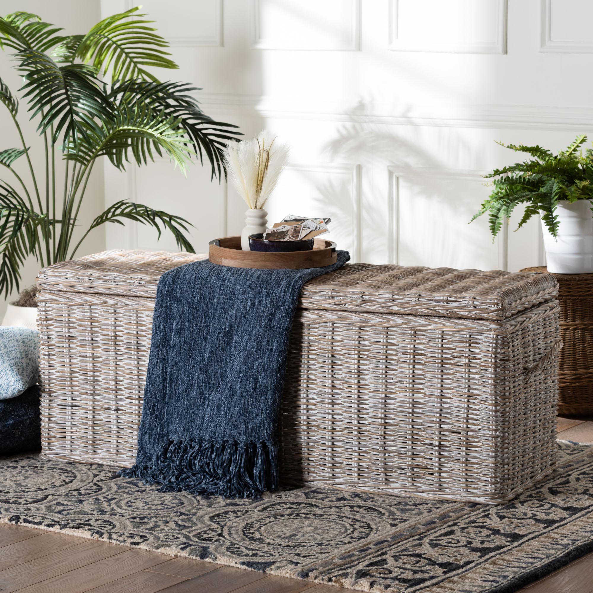 Clarette Whitewashed Rattan Storage Bench - Handwoven Wicker Storage Trunk with Lift-Top Lid, Boho Coastal Seating for Living Room, Bedroom, or Entryway