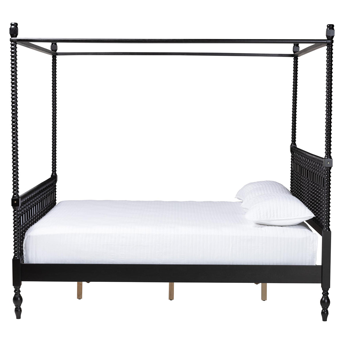 Callison Spindle Canopy Bed - Turned Farmhouse Bed Frame with Spoked Headboard and Sculpted Legs, Black, King