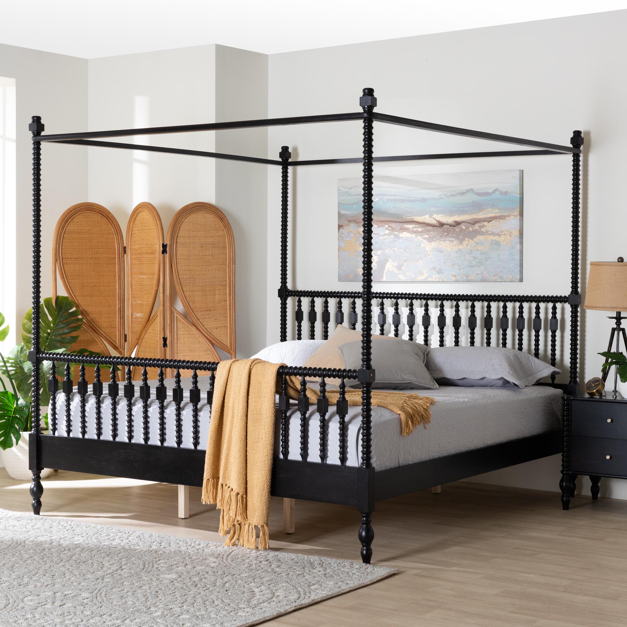 Callison Spindle Canopy Bed - Turned Farmhouse Bed Frame with Spoked Headboard and Sculpted Legs, Black, King