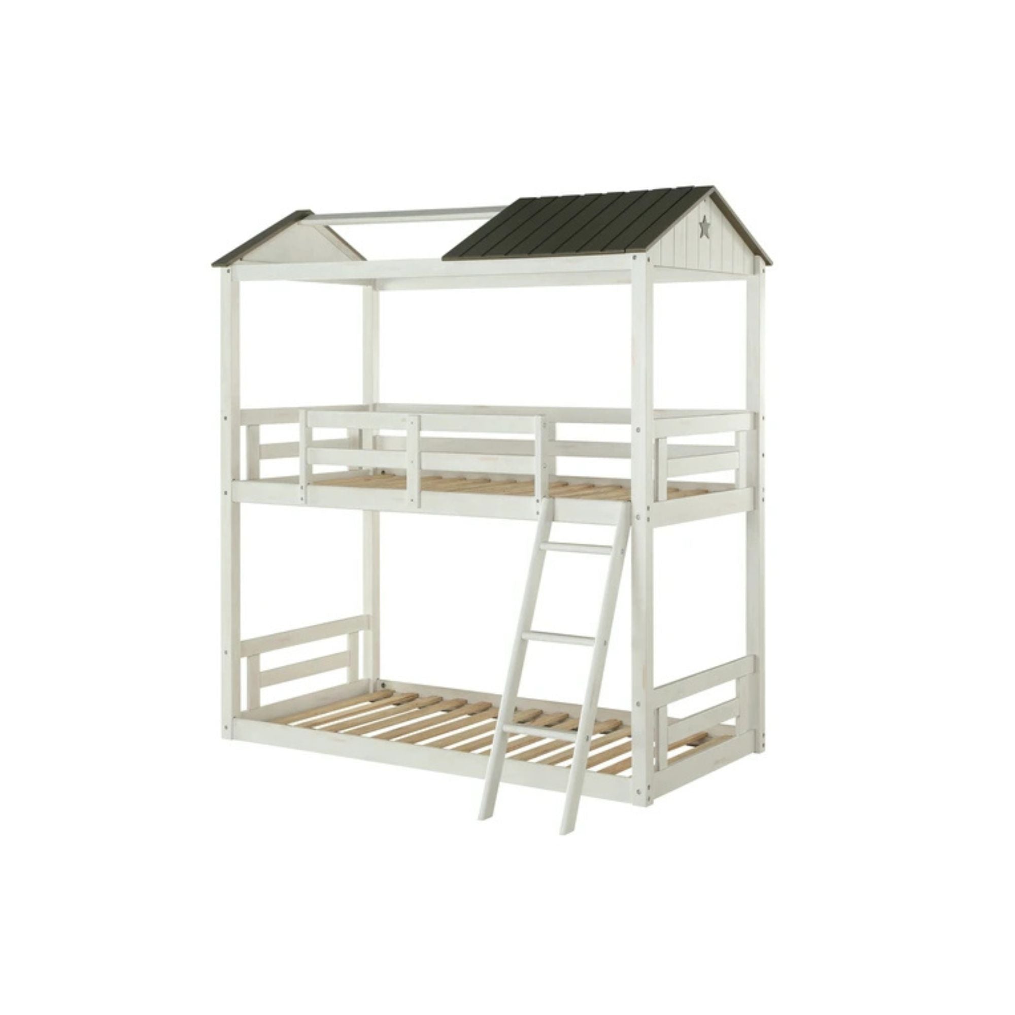 Yash Nadine White Wood Twin Bunk Bed – Cottage Inspired with Safety Ladder