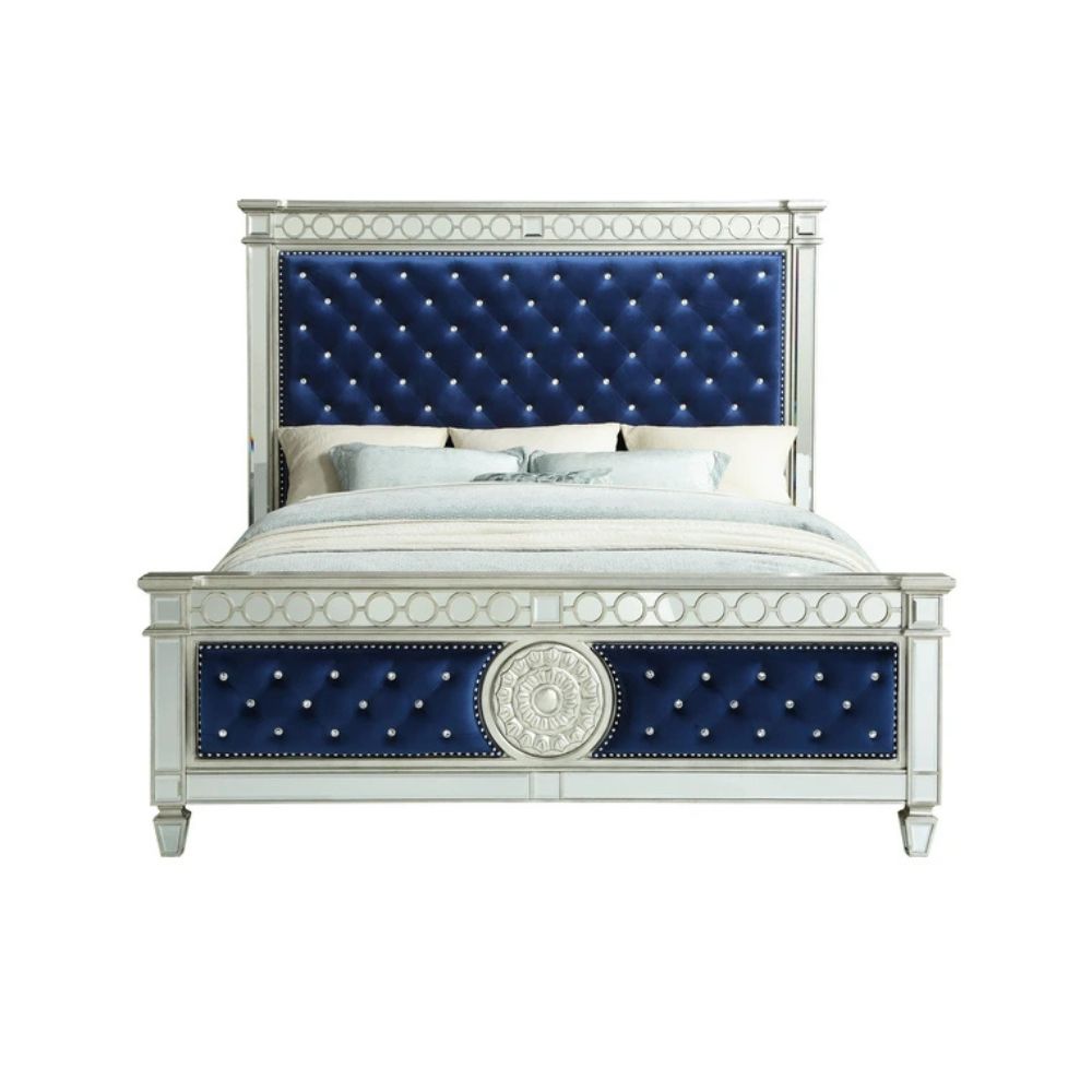 Kashmir Varian California King Bed Blue Velvet Fabric – Glam Style with LED and Button Tufting
