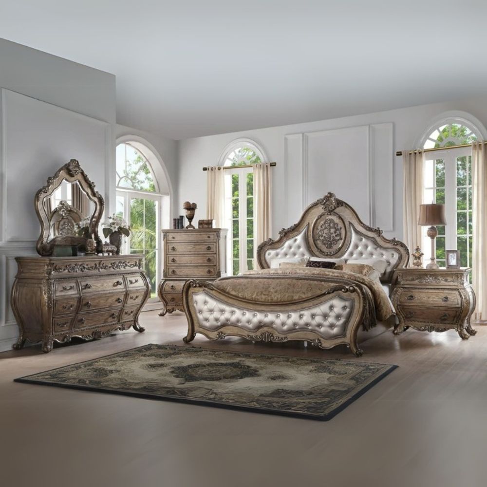 Oasis Ragenardus Queen Vintage Oak Bed – Button Tufted Faux Leather Headboard & Baroque Look