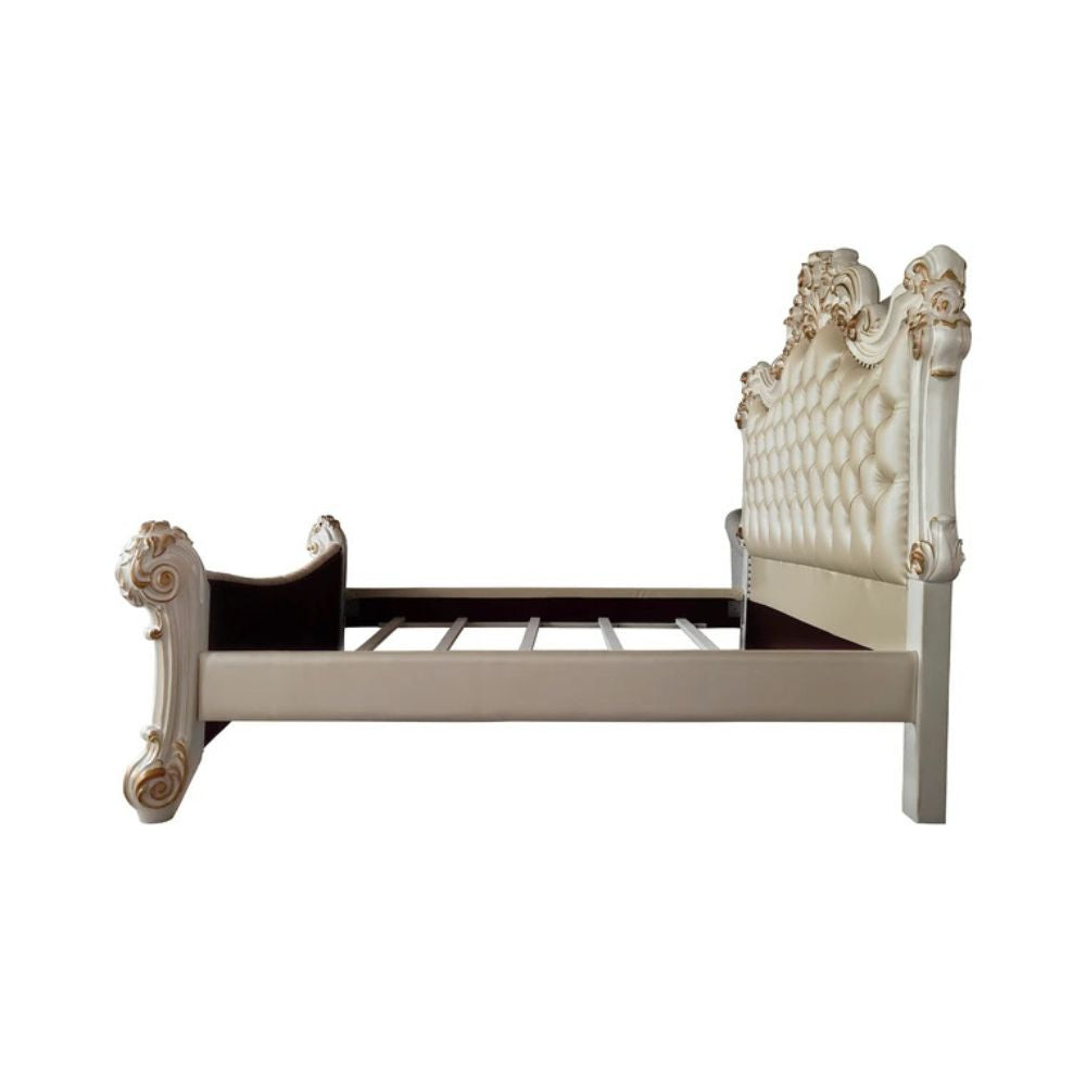 Indresh Vendome Queen Antique Pearl Synthetic Leather Bed – Baroque Style Carved Accents