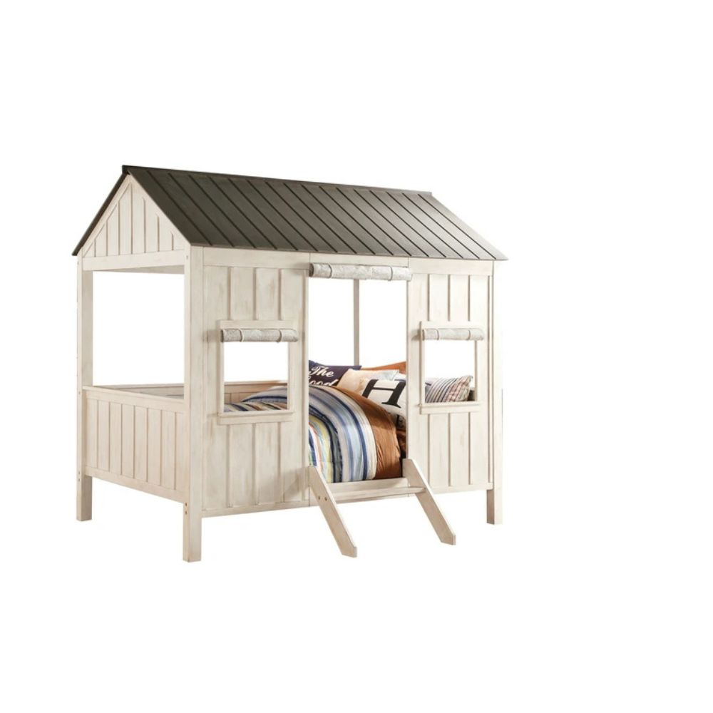 Valeo Spring Cottage Full White Wooden Bed – Farmhouse Style with Roof Design